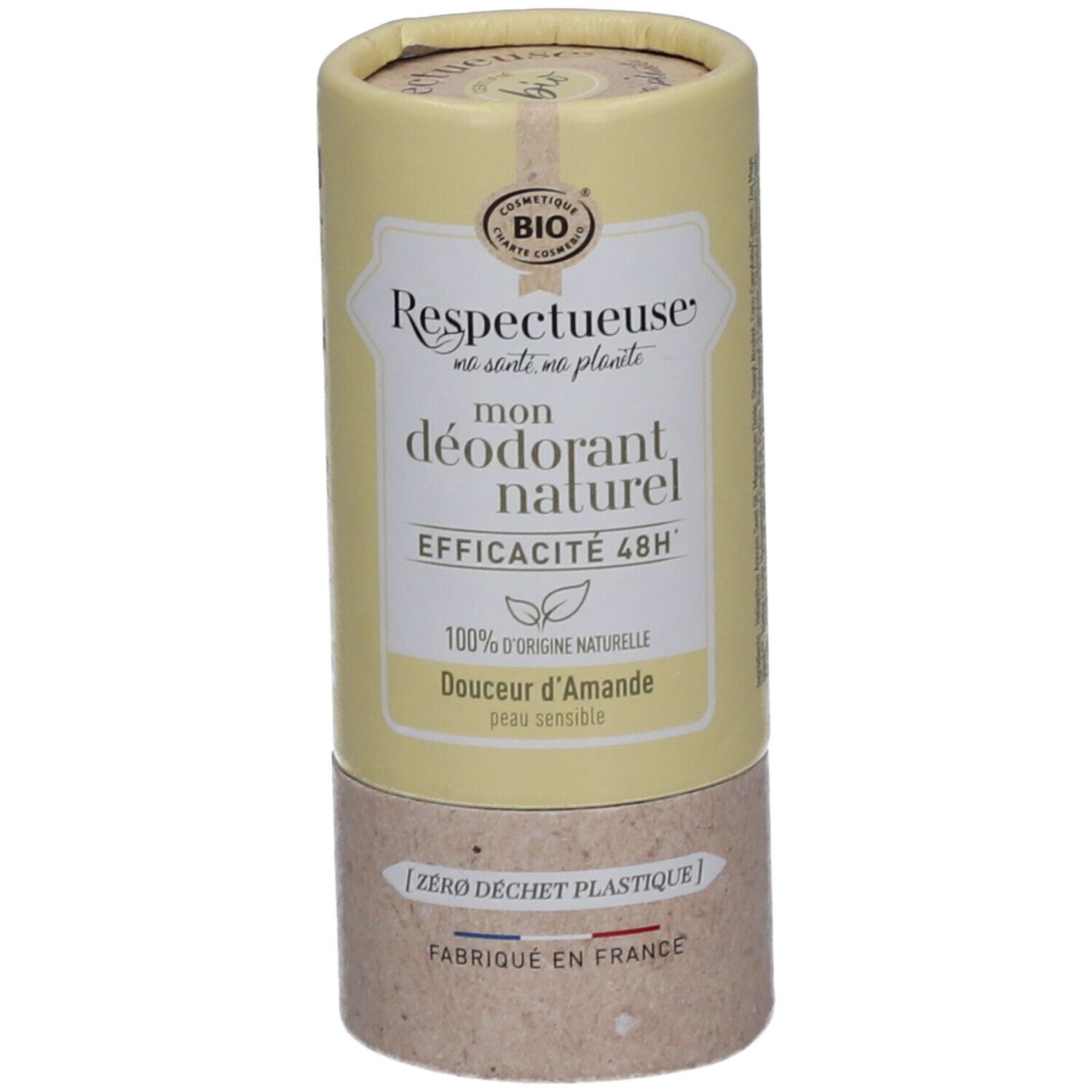 Zylindrische Verpackung. Aufschrift: Respectueuse, mon déodorant naturel, Douceur d'Amande, 48H Wirksamkeit, 100% natürliche Herkunft.