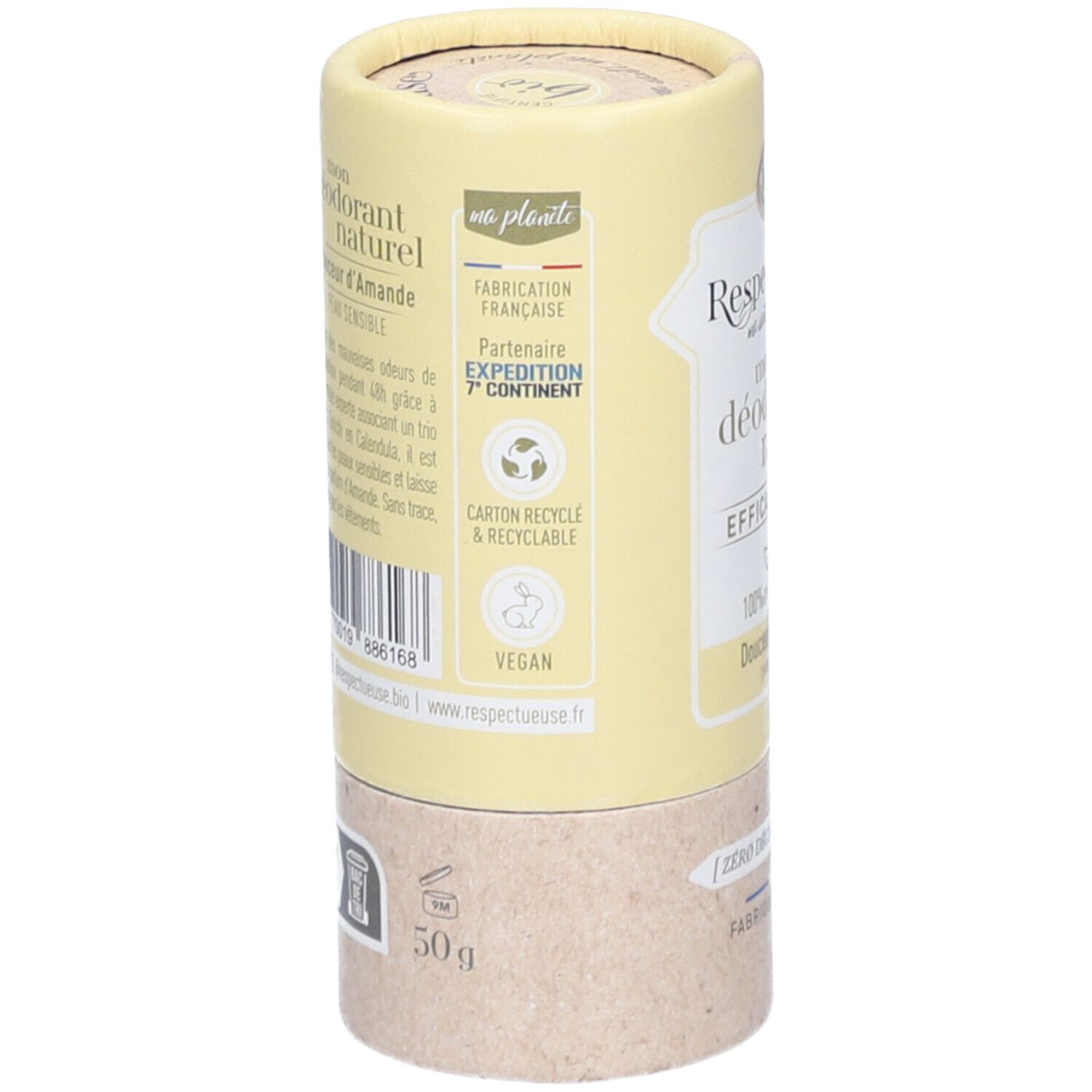 Zylindrische Verpackung. Aufschrift: Fabriqué en France, Vegan, Carton recyclable & recyclable, Partner 7e Continent.