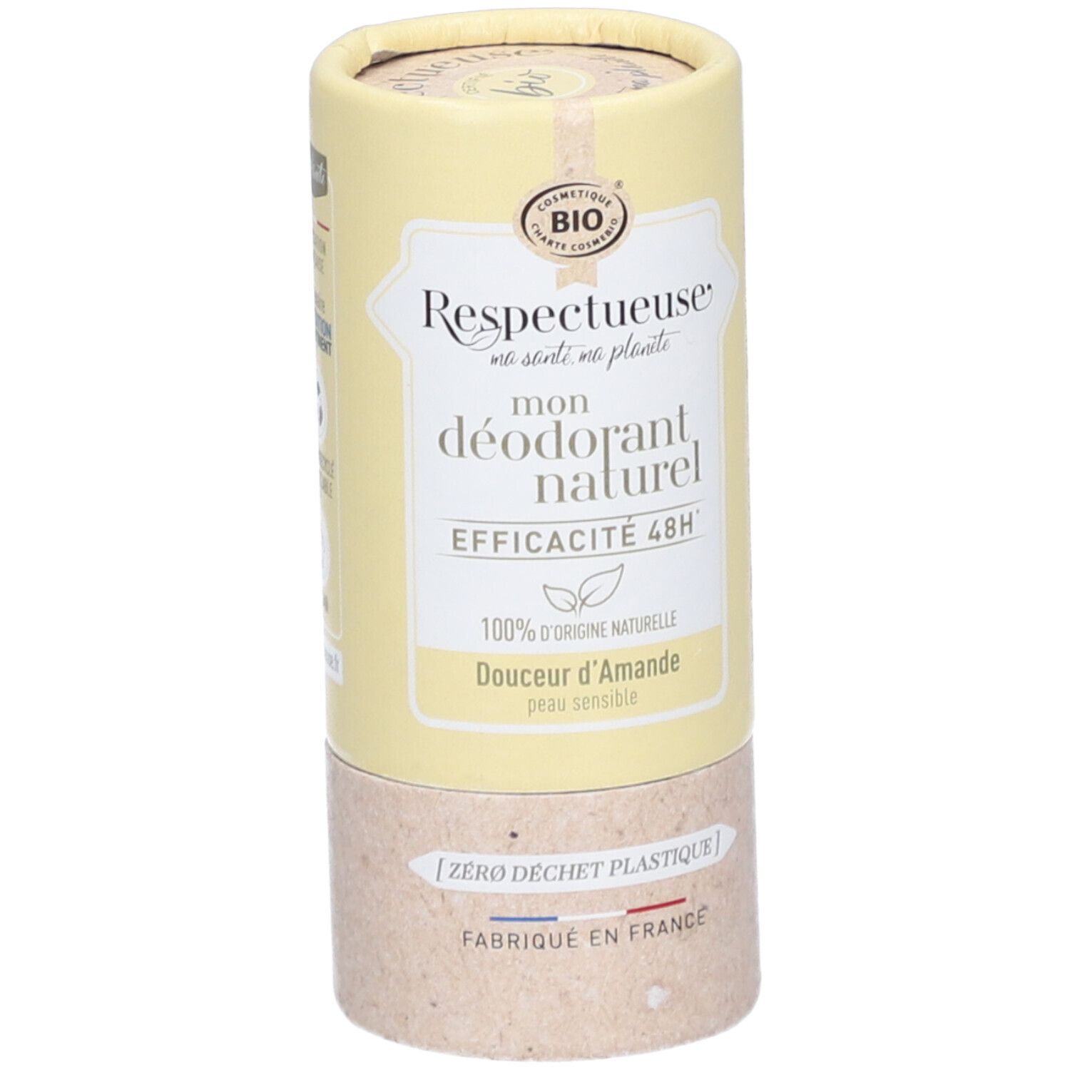 Zylindrische Verpackung. Aufschrift: Respectueuse, mon déodorant naturel, Douceur d'Amande, 48H Wirksamkeit, 100% natürliche Herkunft.