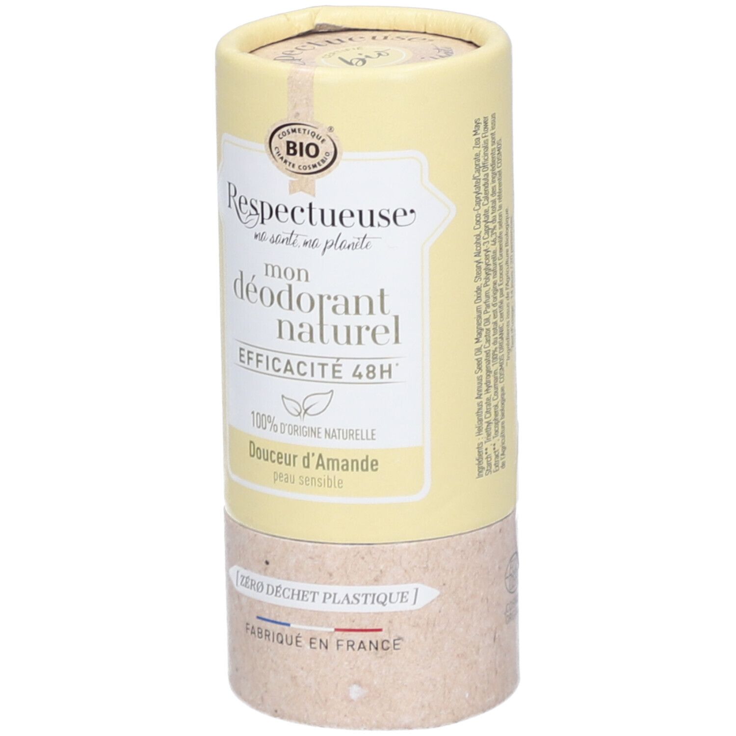 Zylindrische Verpackung. Aufschrift: Respectueuse, mon déodorant naturel, Douceur d'Amande, 48H Wirksamkeit, 100% natürliche Herkunft.