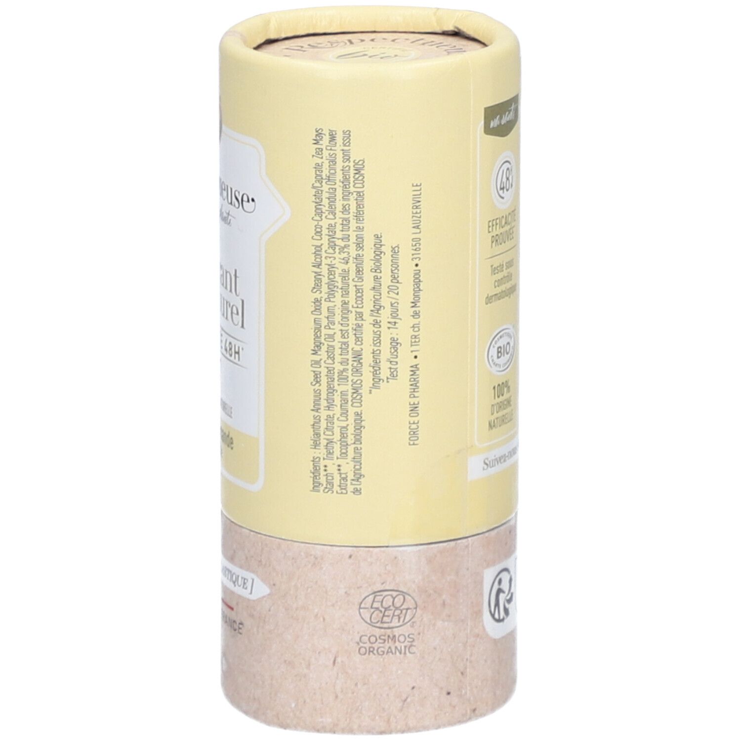 Zylindrische Verpackung. Aufschrift: Inhaltsstoffe, COSMOS ORGANIC Zertifizierung.
