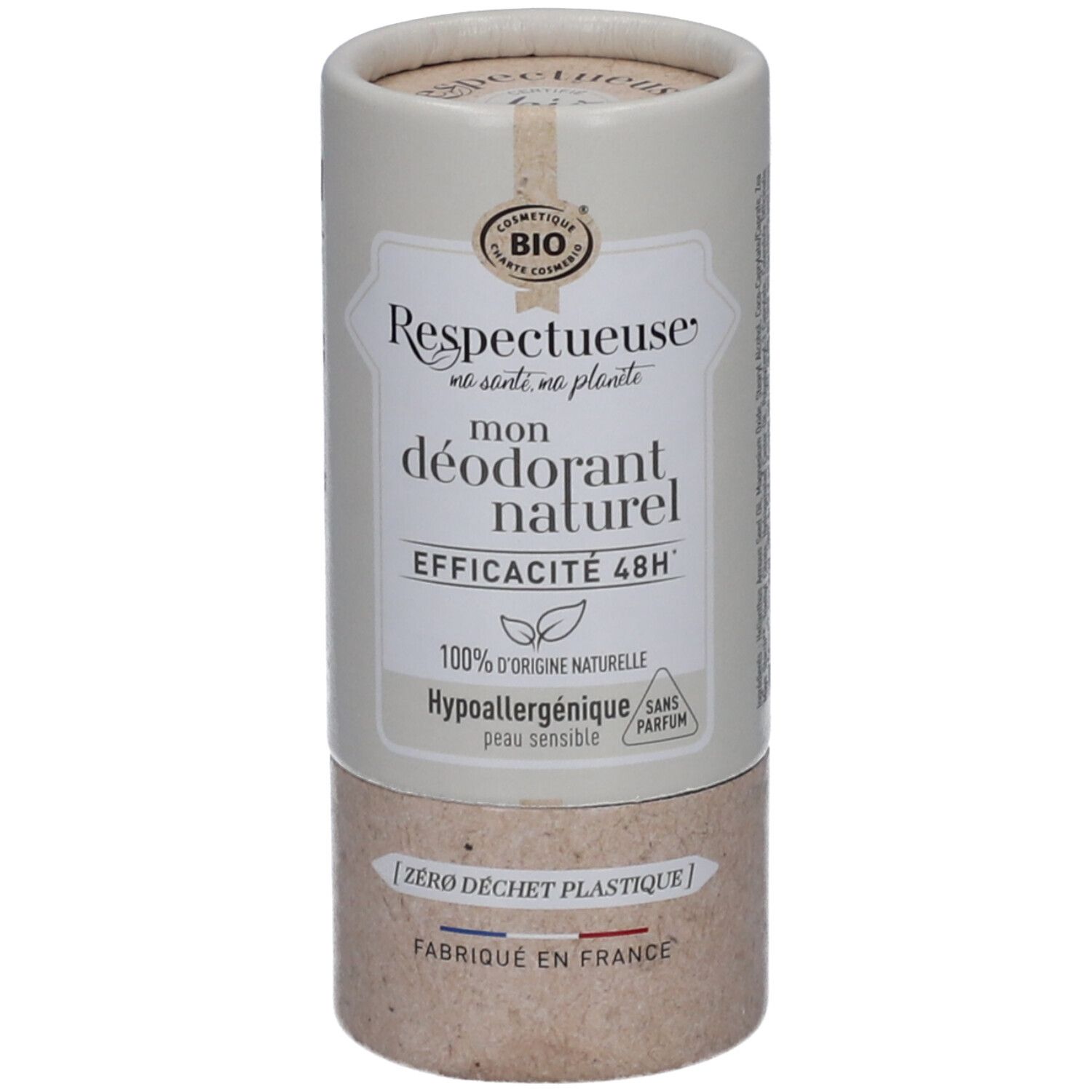 Zylindrische Verpackung. Aufschrift: "Respectueuse, mon déodorant naturel". Bio-Zertifizierung. Hypoallergen, ohne Parfum.