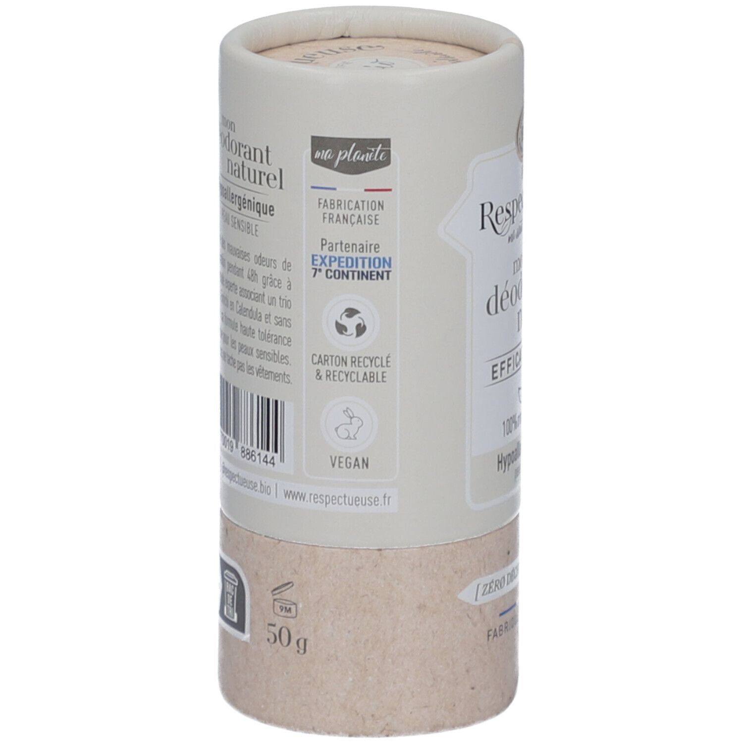 Zylindrische Verpackung. Aufschrift: "Respectueuse, mon déodorant naturel". Vegan-Logo. 50g. Recycling-Logo.