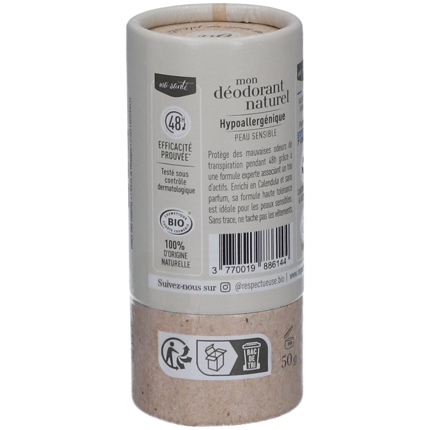 Zylindrische Verpackung. Aufschrift: "Respectueuse, mon déodorant naturel". 48H Wirksamkeit. 100% natürliche Inhaltsstoffe. 50g.