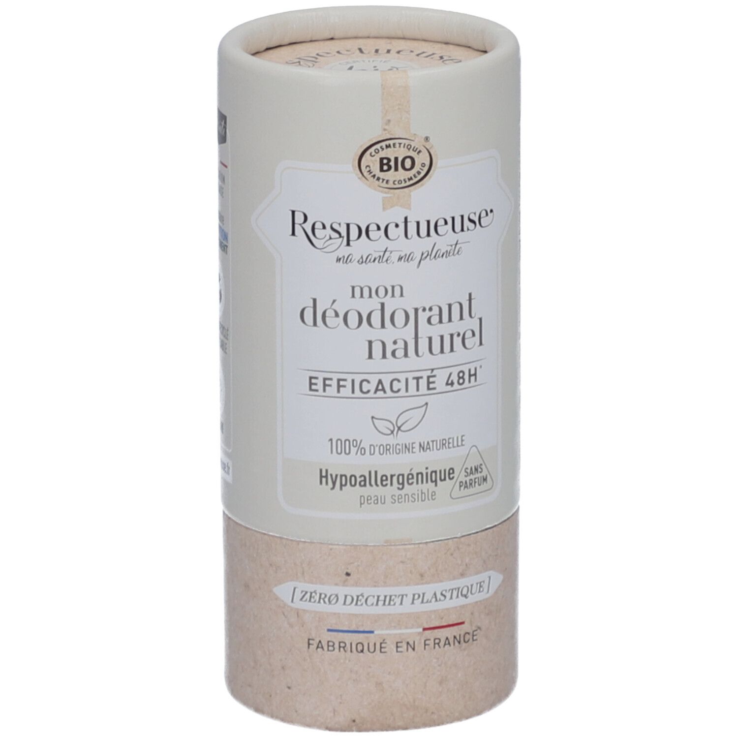 Zylindrische Verpackung. Aufschrift: "Respectueuse, mon déodorant naturel". Bio-Zertifizierung. Hypoallergen, ohne Parfum.