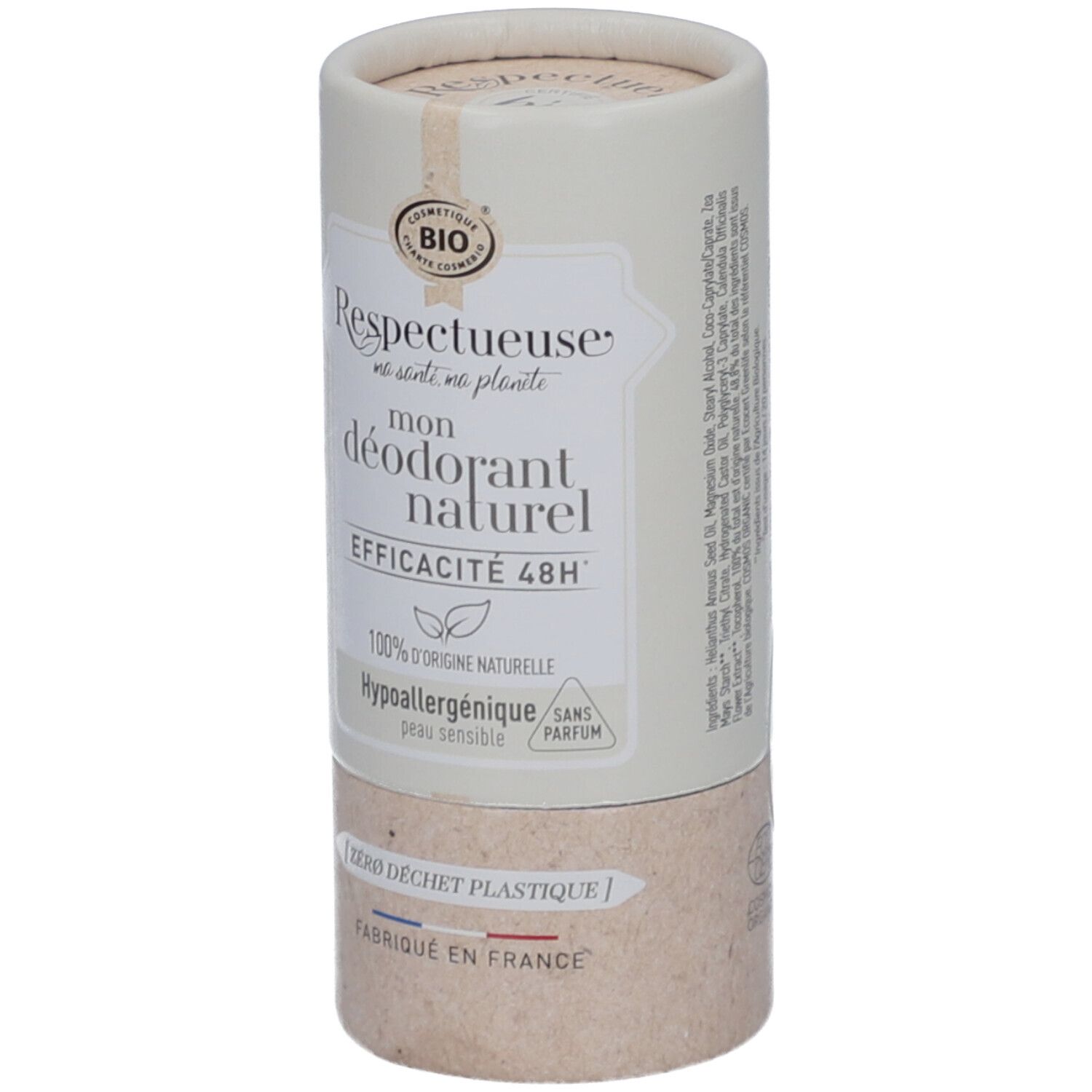 Zylindrische Verpackung. Aufschrift: "Respectueuse, mon déodorant naturel". Bio-Zertifizierung. Hypoallergen, ohne Parfum.