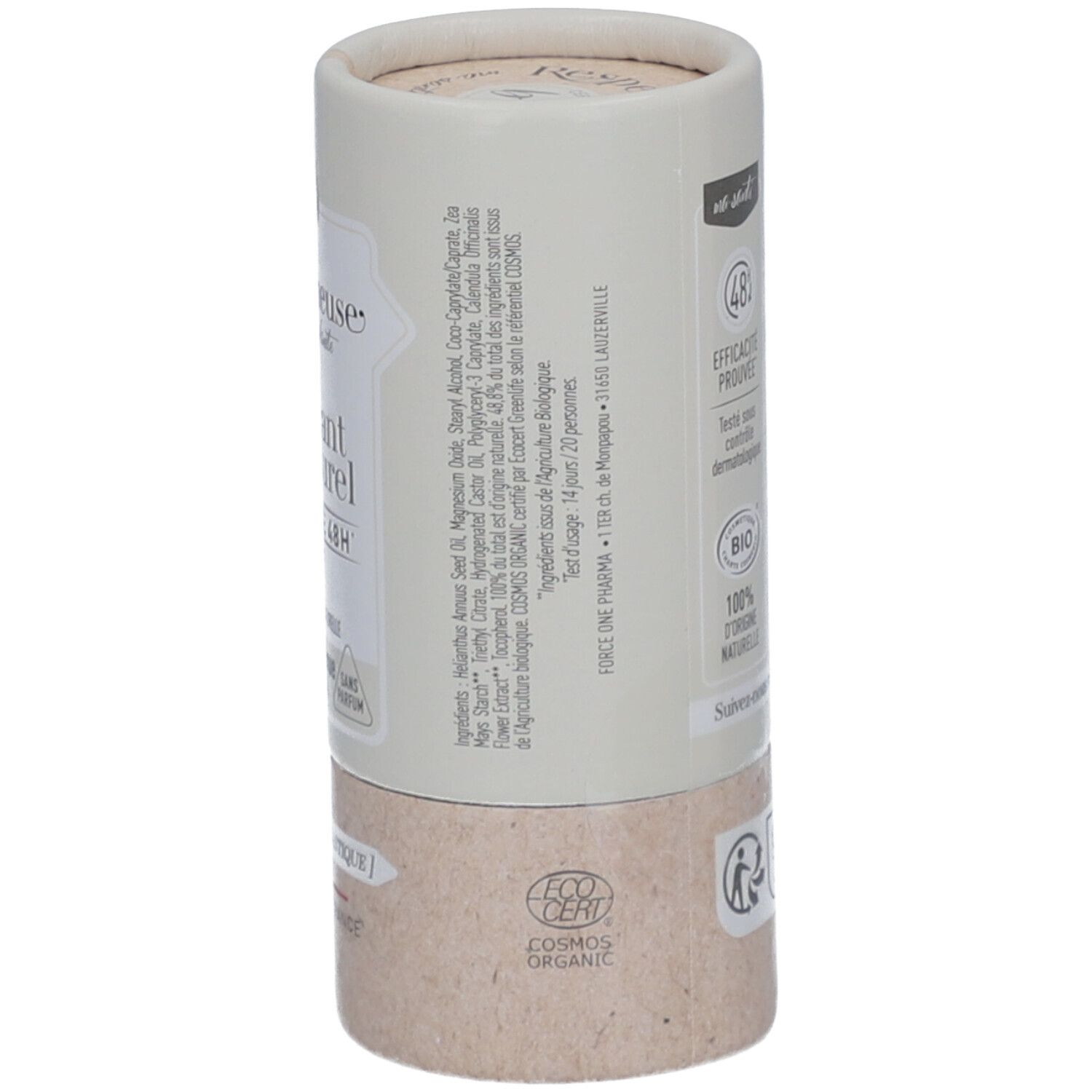 Zylindrische Verpackung. Aufschrift: "Respectueuse, mon déodorant naturel". COSMOS ORGANIC Zertifizierung. Inhaltsstoffe.