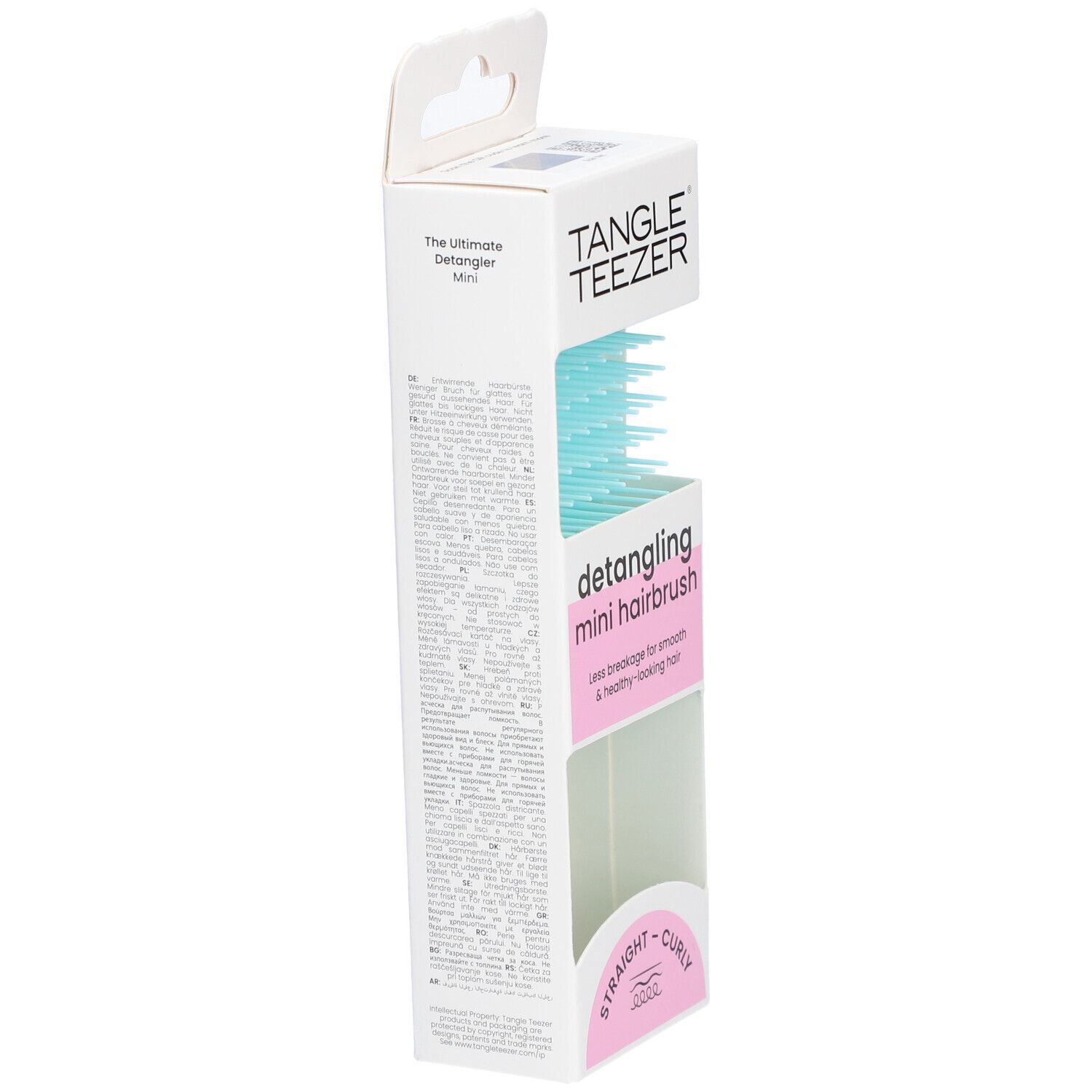 Brosse Tangle Teezer Mini dans son emballage. Brosse turquoise avec picots blancs. Emballage avec texte et informations produit.
