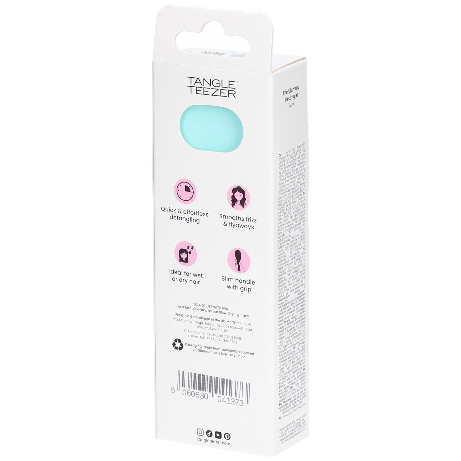 Emballage de la brosse Tangle Teezer Mini. Brosse turquoise. Texte: Démêlage rapide et sans effort, idéal pour cheveux mouillés ou secs.