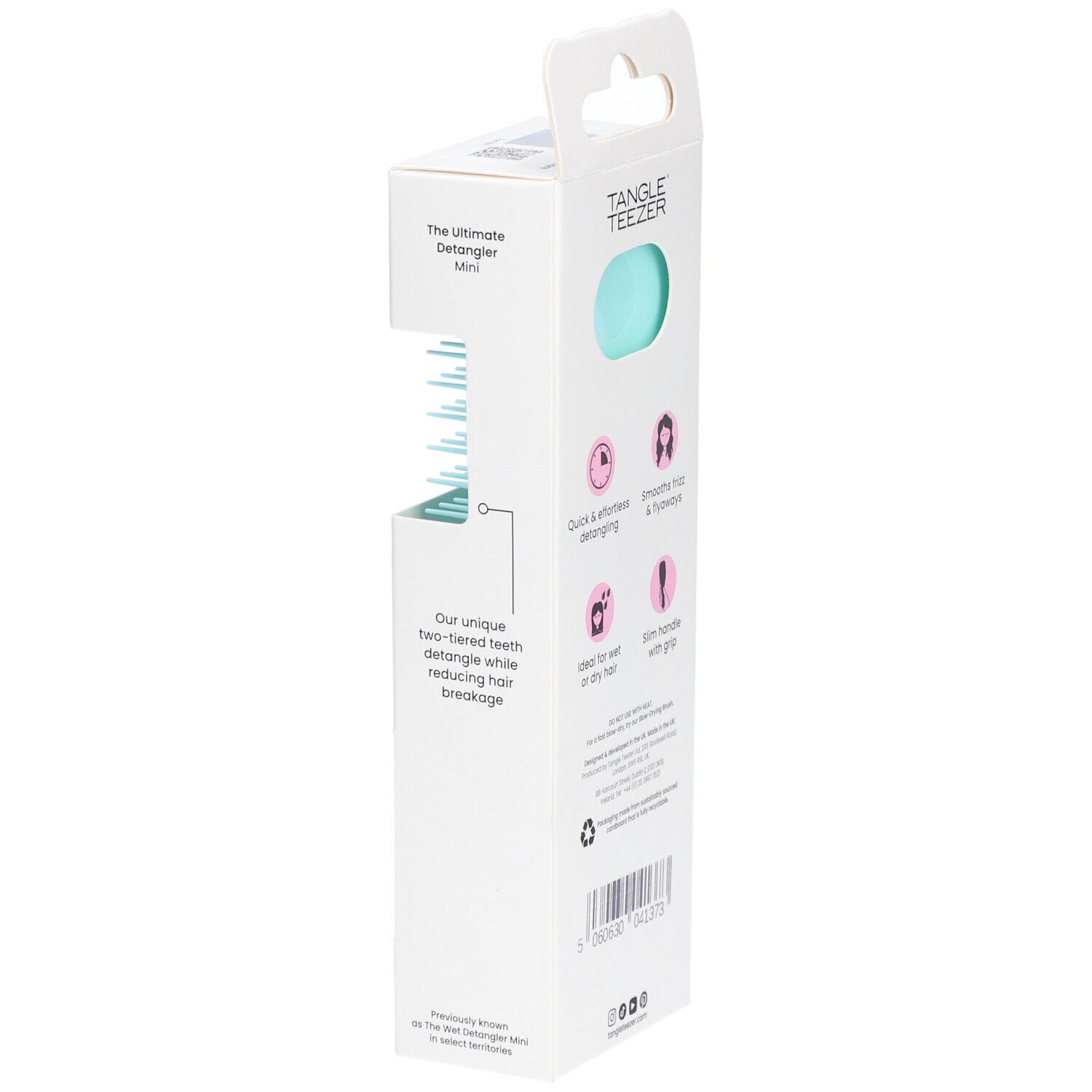 Emballage de la brosse Tangle Teezer Mini. Brosse turquoise. Texte: Démêlage rapide et sans effort, idéal pour cheveux mouillés ou secs.