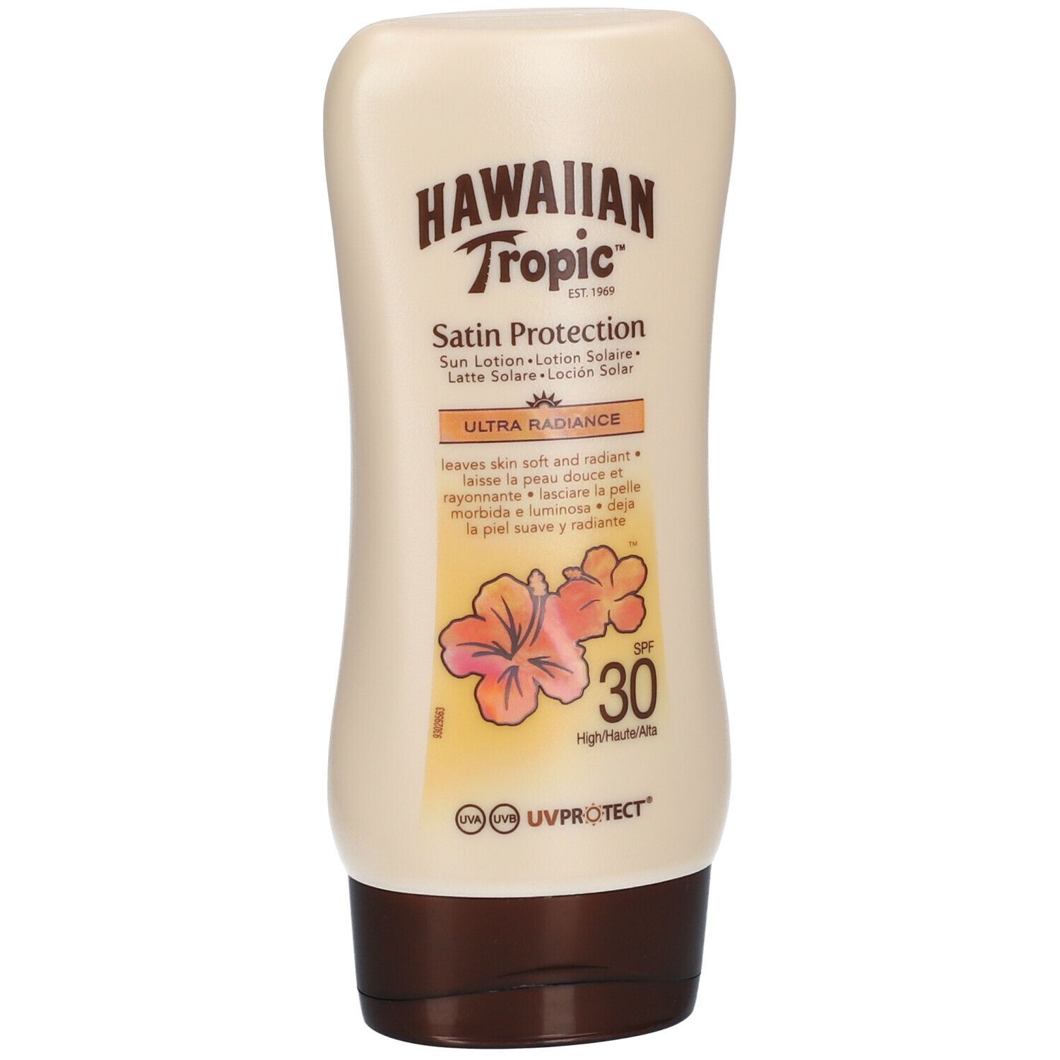 Beige Flasche Sonnenlotion. Aufschrift: HAWAIIAN Tropic, Satin Protection, SPF 30. Mit UV Protect.
