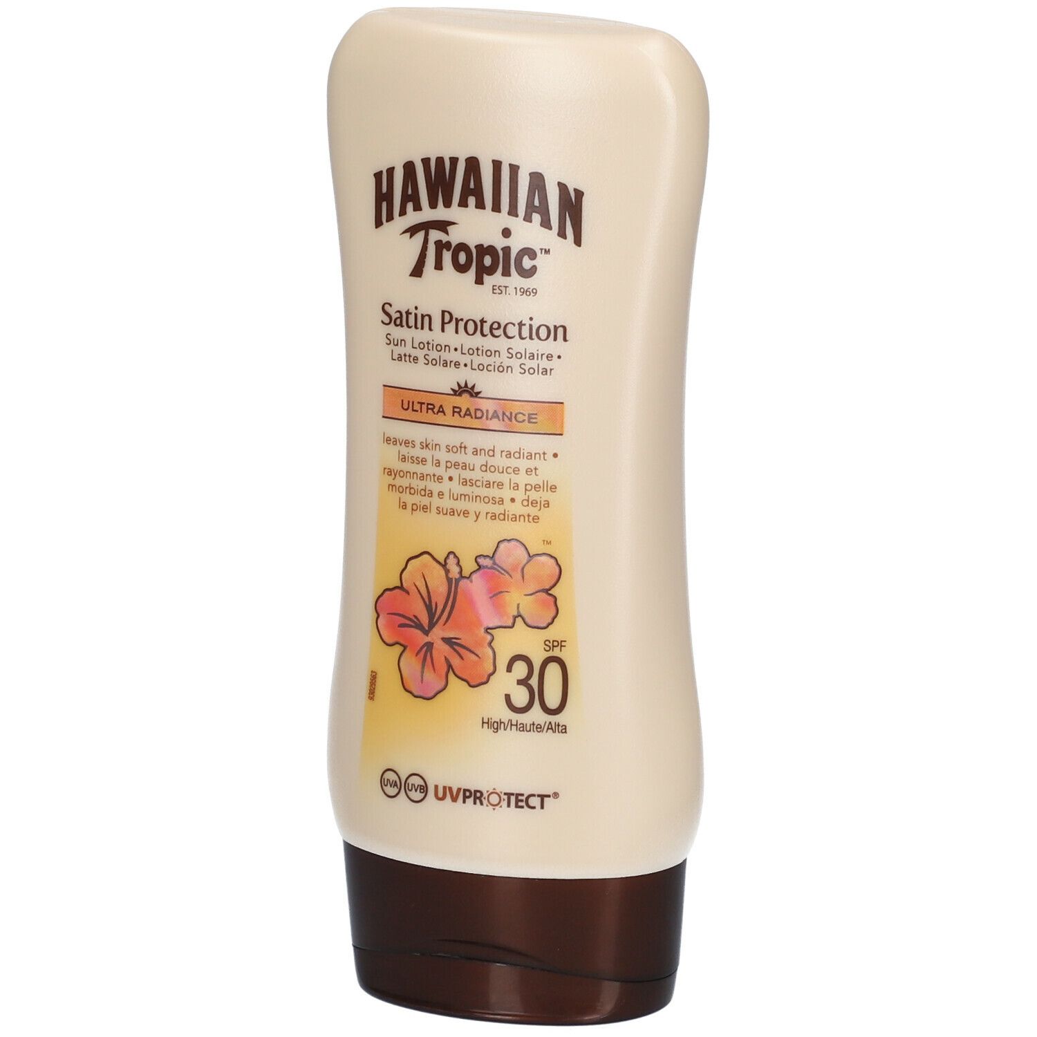 Beige Flasche Sonnenlotion. Aufschrift: HAWAIIAN Tropic, Satin Protection, SPF 30. Mit UV Protect.