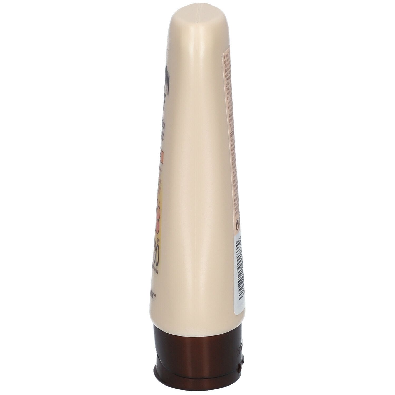 Beige Flasche Sonnenlotion. Brauner Deckel. Text auf der Flasche.