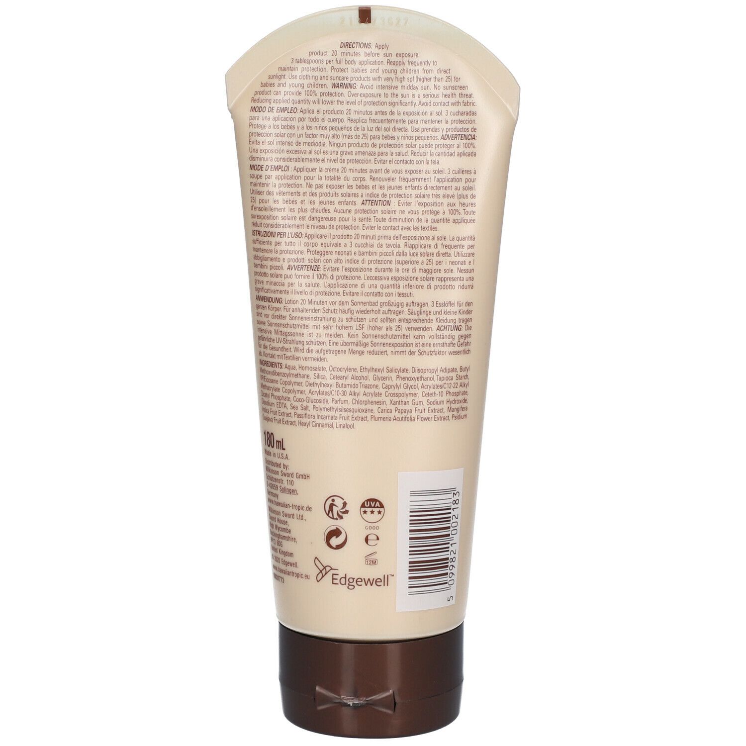 Tube beige avec bouchon marron. Texte multilingue. Logo Edgewell en bas.
