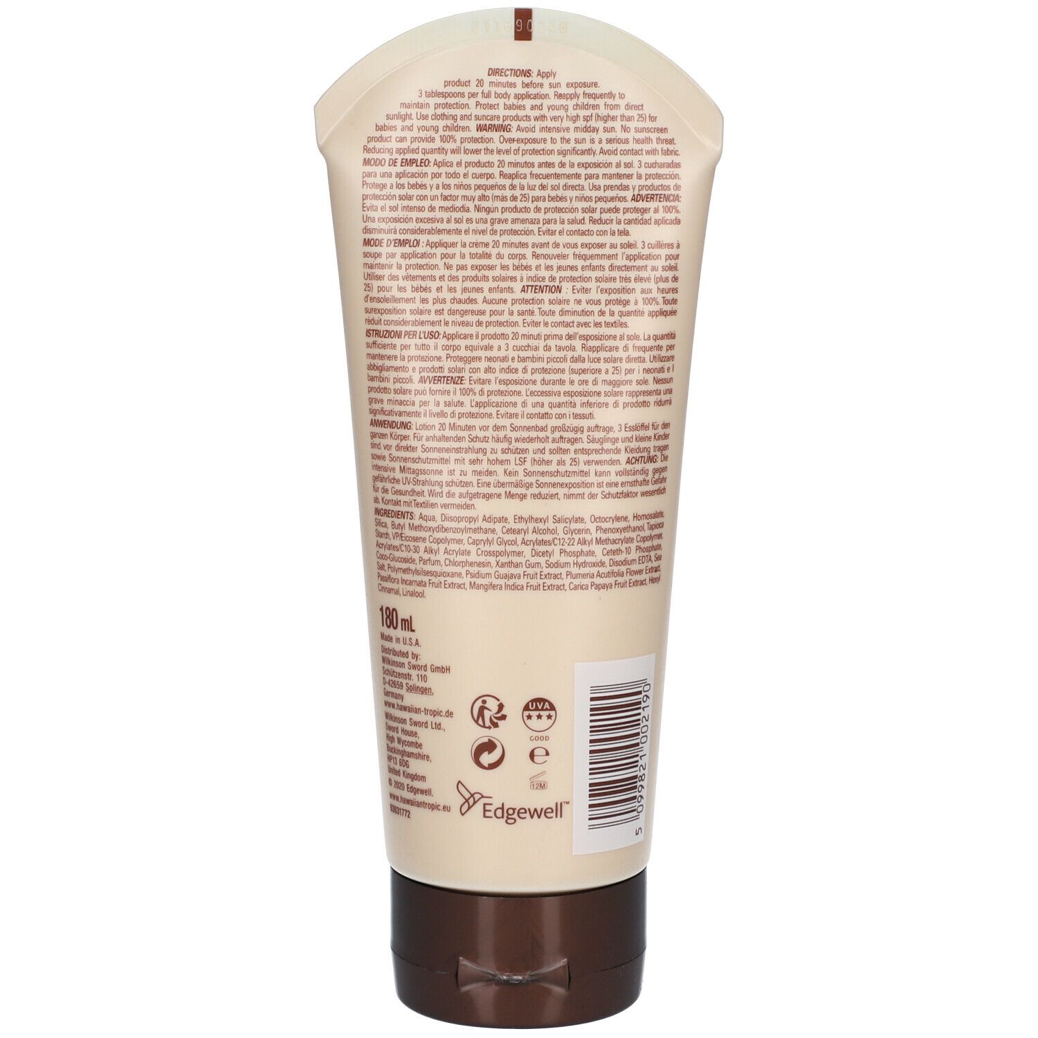 Rückseite der Sonnenlotion-Tube. Text in mehreren Sprachen. Inhaltsstoffe und Herstellerinformationen. Barcode.