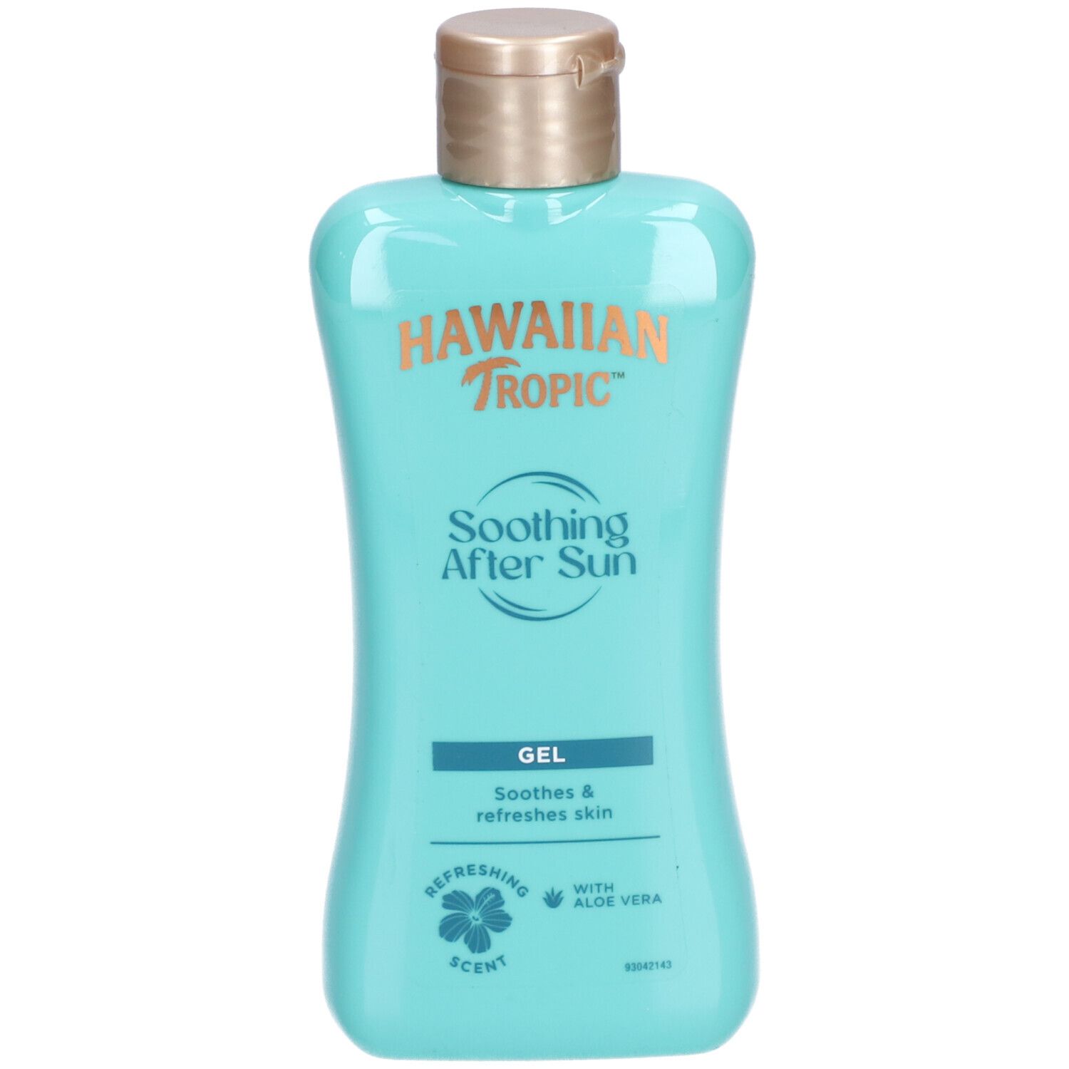 Türkisgrüne Flasche mit goldfarbenem Deckel. Aufschrift: HAWAIIAN Tropic, Soothing After Sun, Gel. Mit Aloe Vera.
