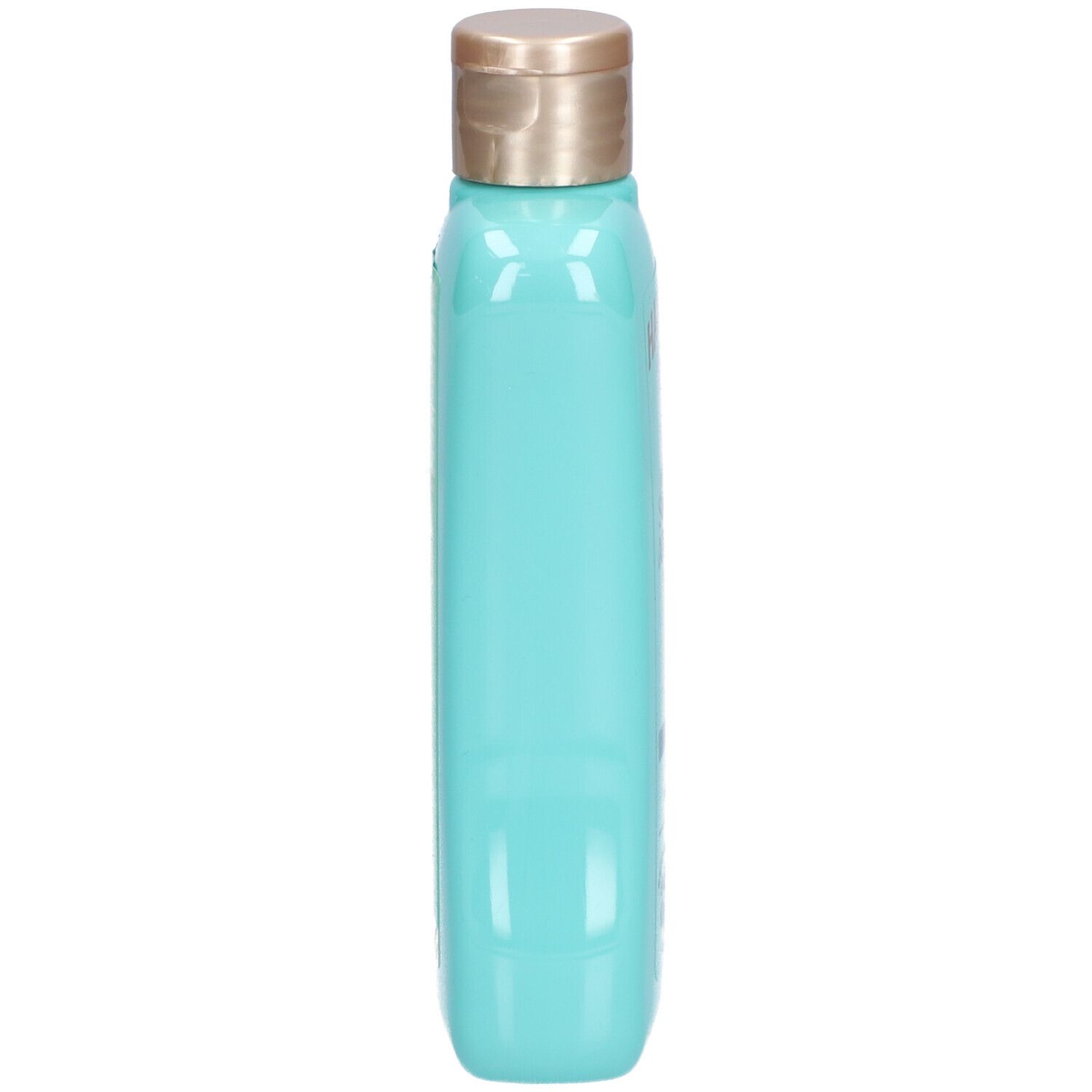 Schmale, türkisfarbene Flasche mit goldfarbenem Deckel. Seitenansicht. Keine weiteren Details sichtbar.