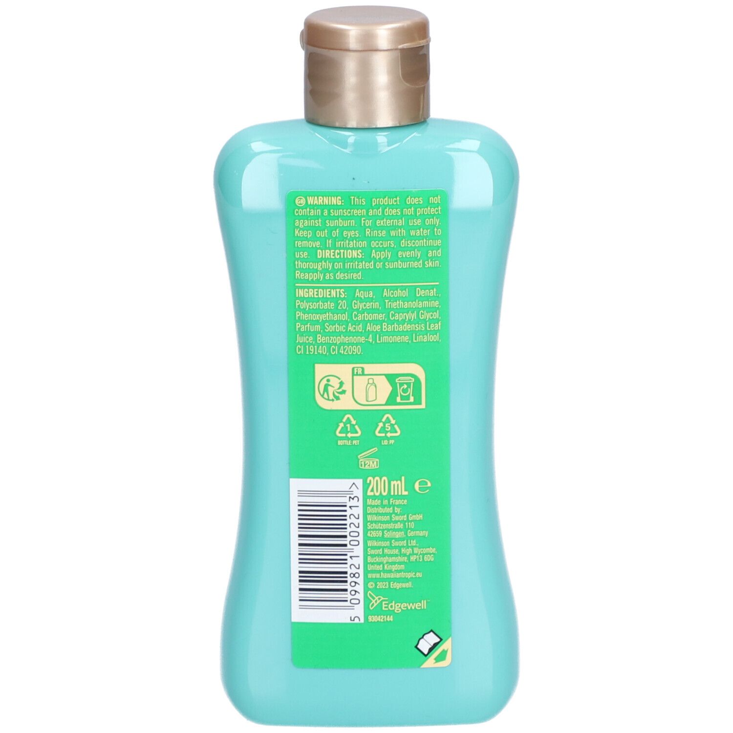 Rückseite einer türkisfarbenen Flasche. Aufschrift: Inhaltsstoffe, Warnhinweise, 200 ml. Recycling-Symbole.
