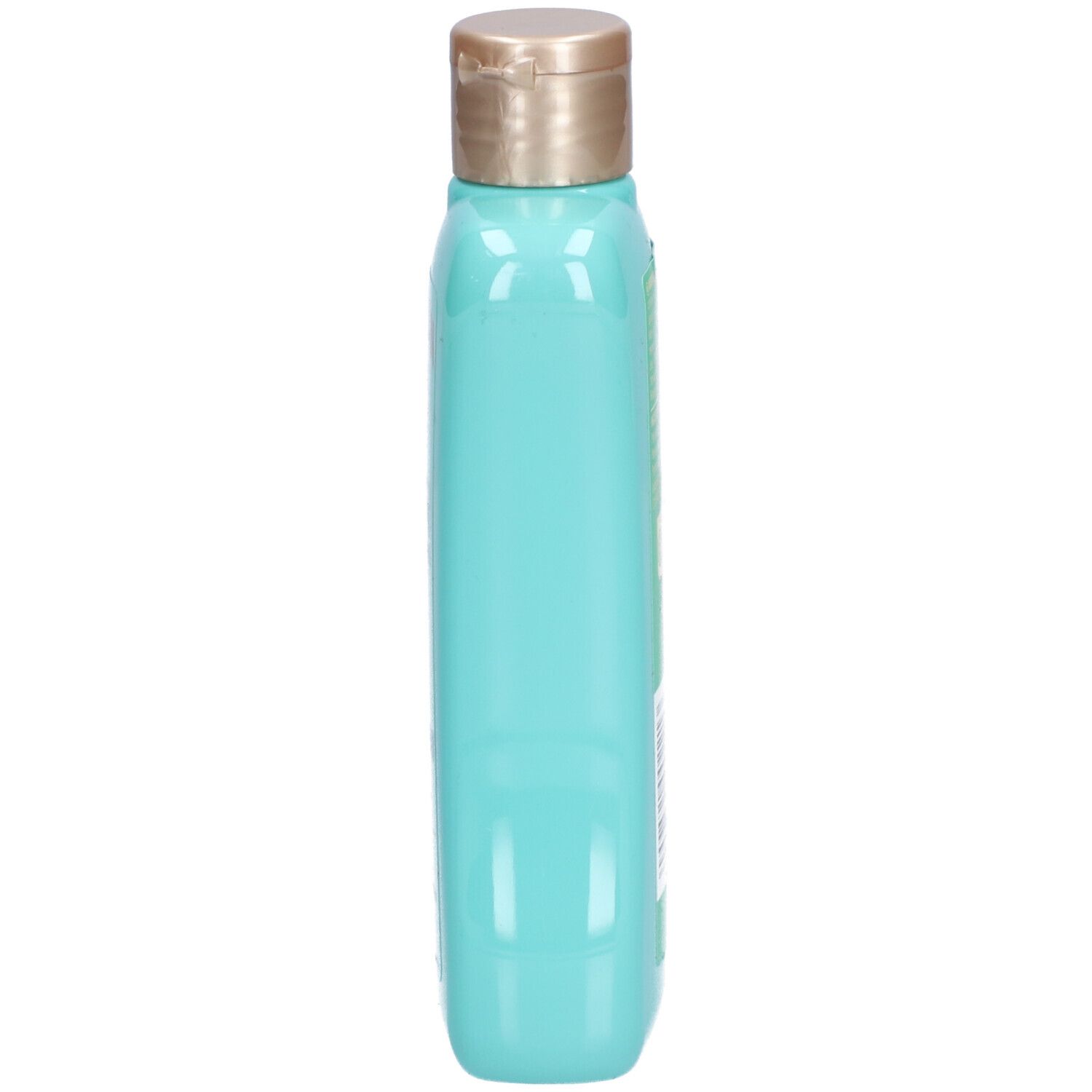 Schmale, türkisfarbene Flasche mit goldfarbenem Deckel. Seitenansicht. Keine weiteren Details sichtbar.