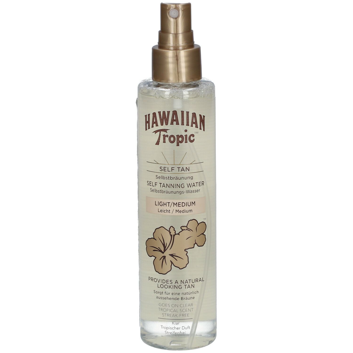 Flacon de brume autobronzante. Inscription: Hawaiian Tropic, Self Tan, Light/Medium. Décor floral.