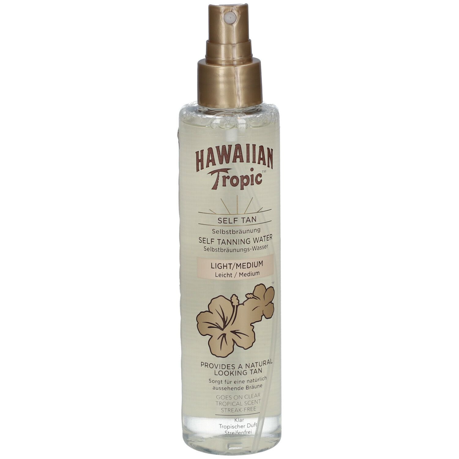 Flacon de brume autobronzante. Inscription: Hawaiian Tropic, Self Tan, Light/Medium. Décor floral.