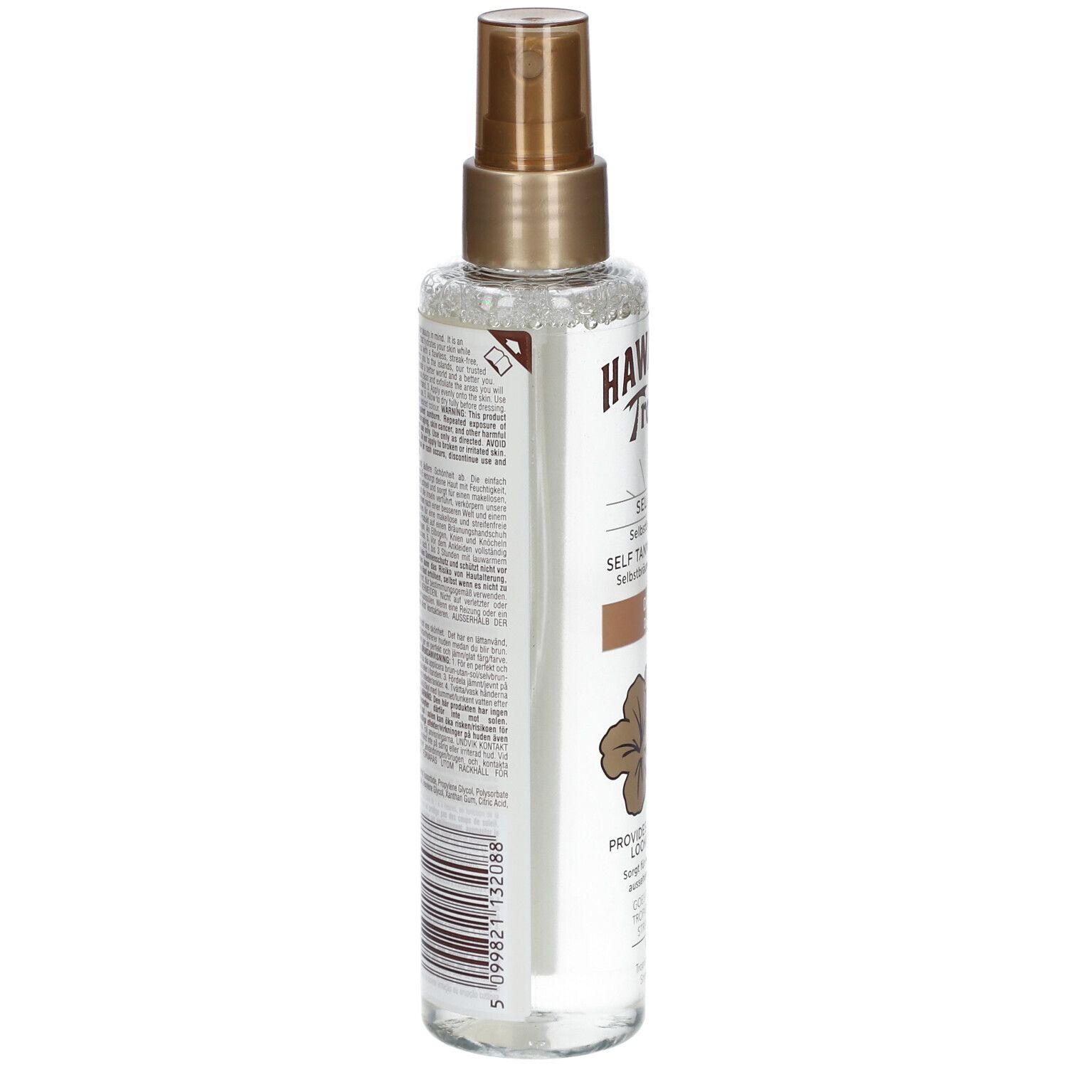 Zelfbruinende spray in een fles. Achterkant met tekst en barcode. Opschrift: Hawaiian Tropic.