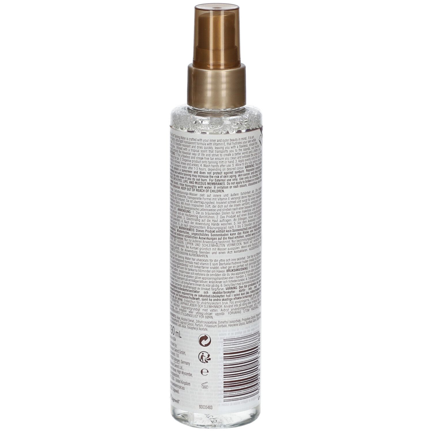Zelfbruinende spray in een fles. Achterkant met tekst en barcode. Opschrift: Hawaiian Tropic.