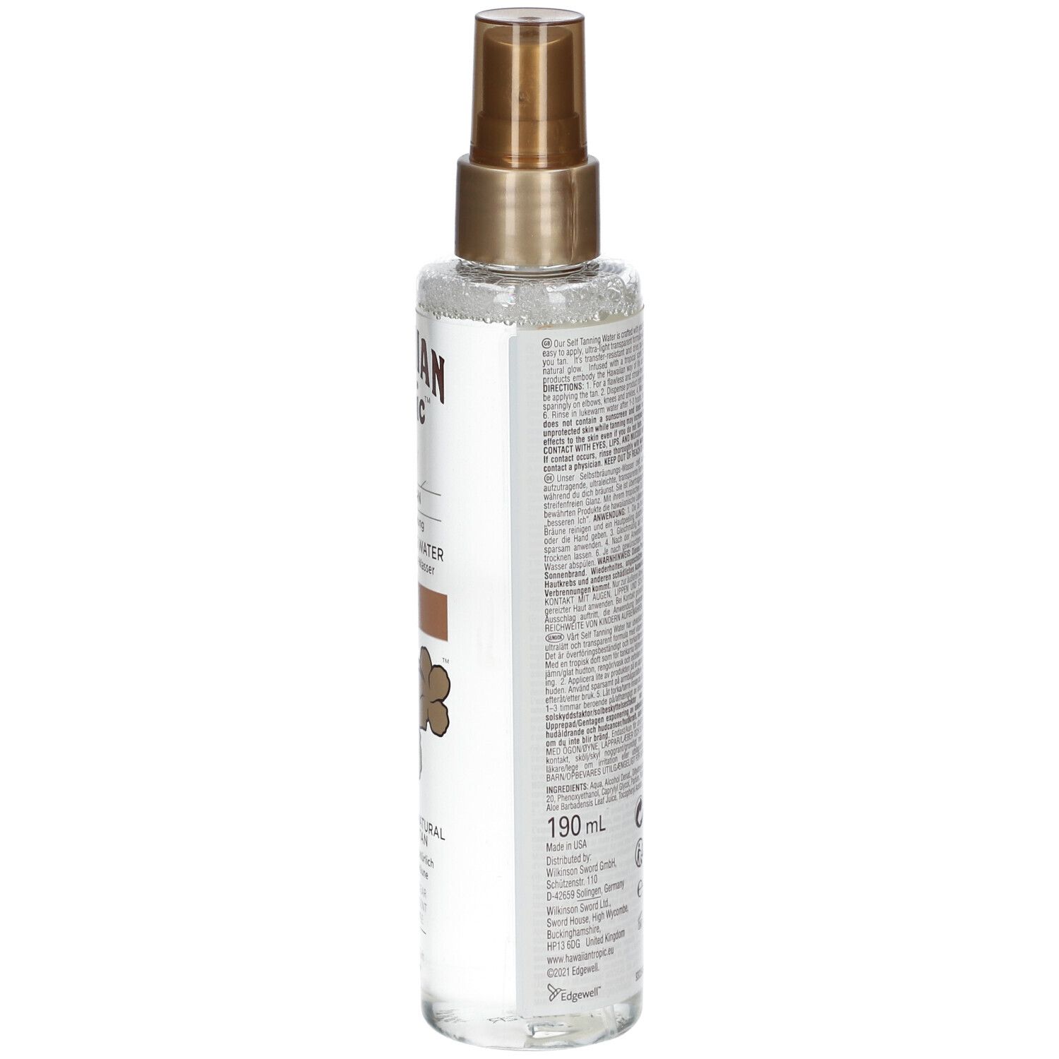 Zelfbruinende spray in een fles. Achterkant met tekst, barcode en volume: 190 ml.