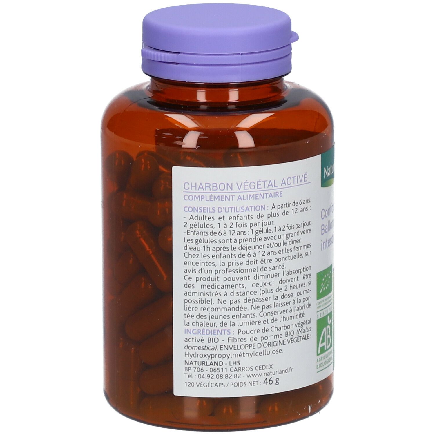 Braune Flasche mit lila Deckel. Etikett mit Produktinformationen und Inhaltsstoffen. Inhalt: Kapseln.