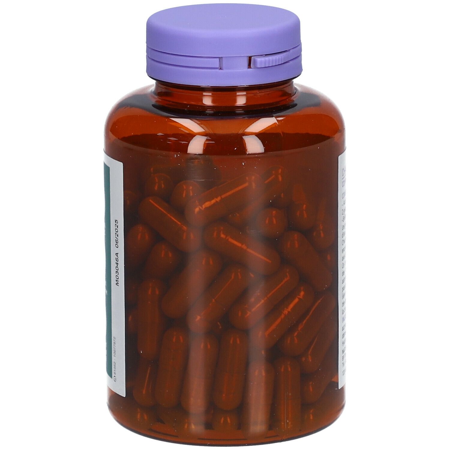 Braune Flasche mit lila Deckel, gefüllt mit braunen Kapseln. Keine weitere Beschriftung sichtbar.
