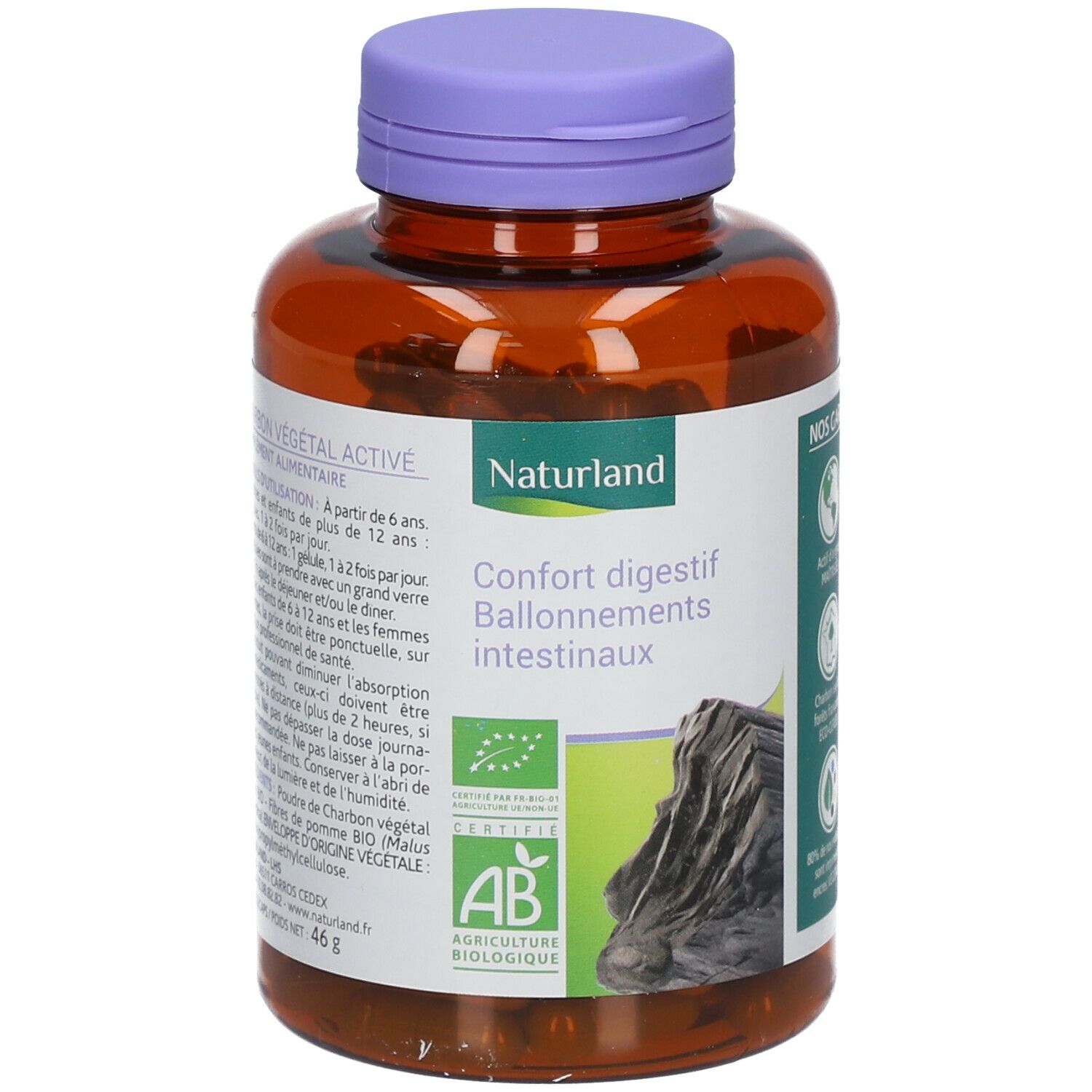 Braune Flasche mit lila Deckel. Etikett mit Produktname, Bio-Siegel und Text. Inhalt: Kapseln.