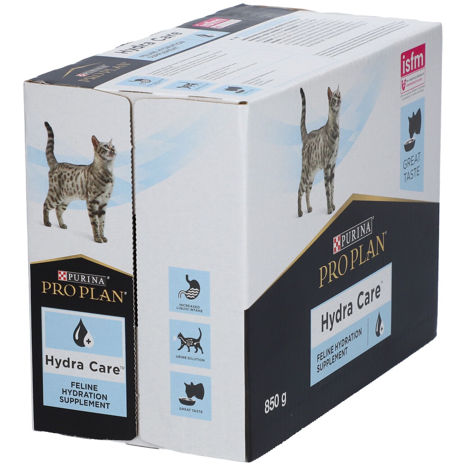 Karton PURINA® PRO PLAN® Hydra Care™ mit Katze, 850g. Feline Hydration Supplement. Illustrationen.