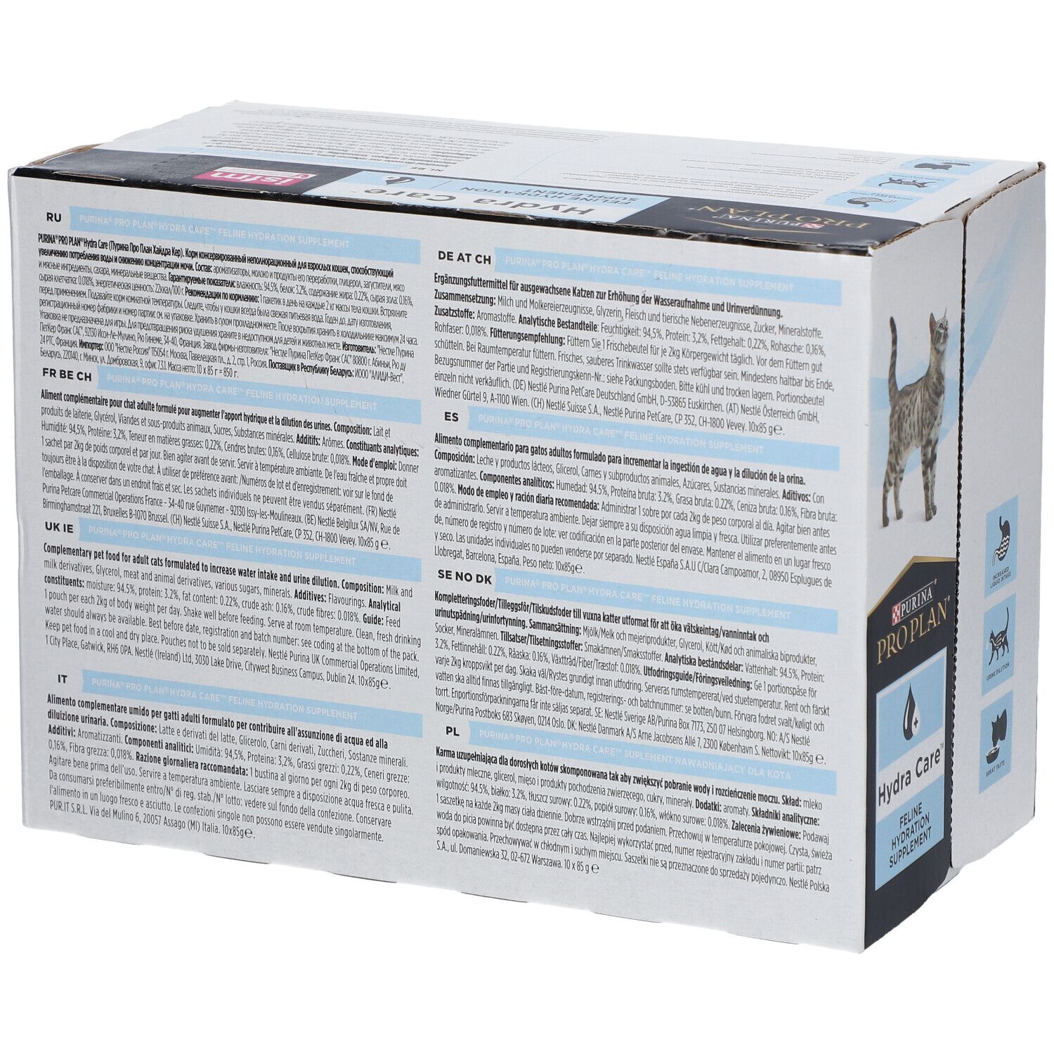Rückseite der PURINA® PRO PLAN® Hydra Care™ Verpackung. Text in mehreren Sprachen, Inhaltsstoffe und Nährwerte.