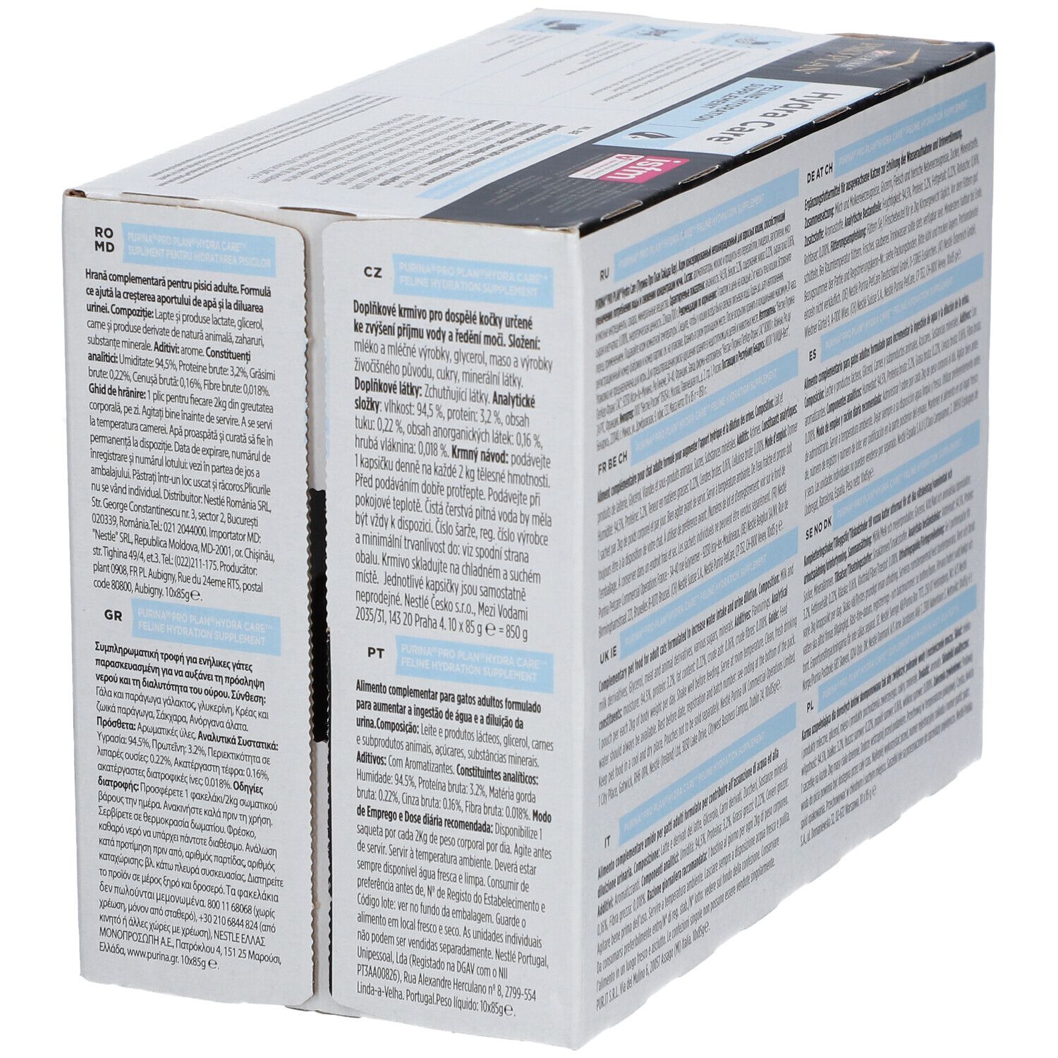 Seitenansicht der PURINA® PRO PLAN® Hydra Care™ Verpackung. Text in mehreren Sprachen, Inhaltsstoffe und Nährwerte.