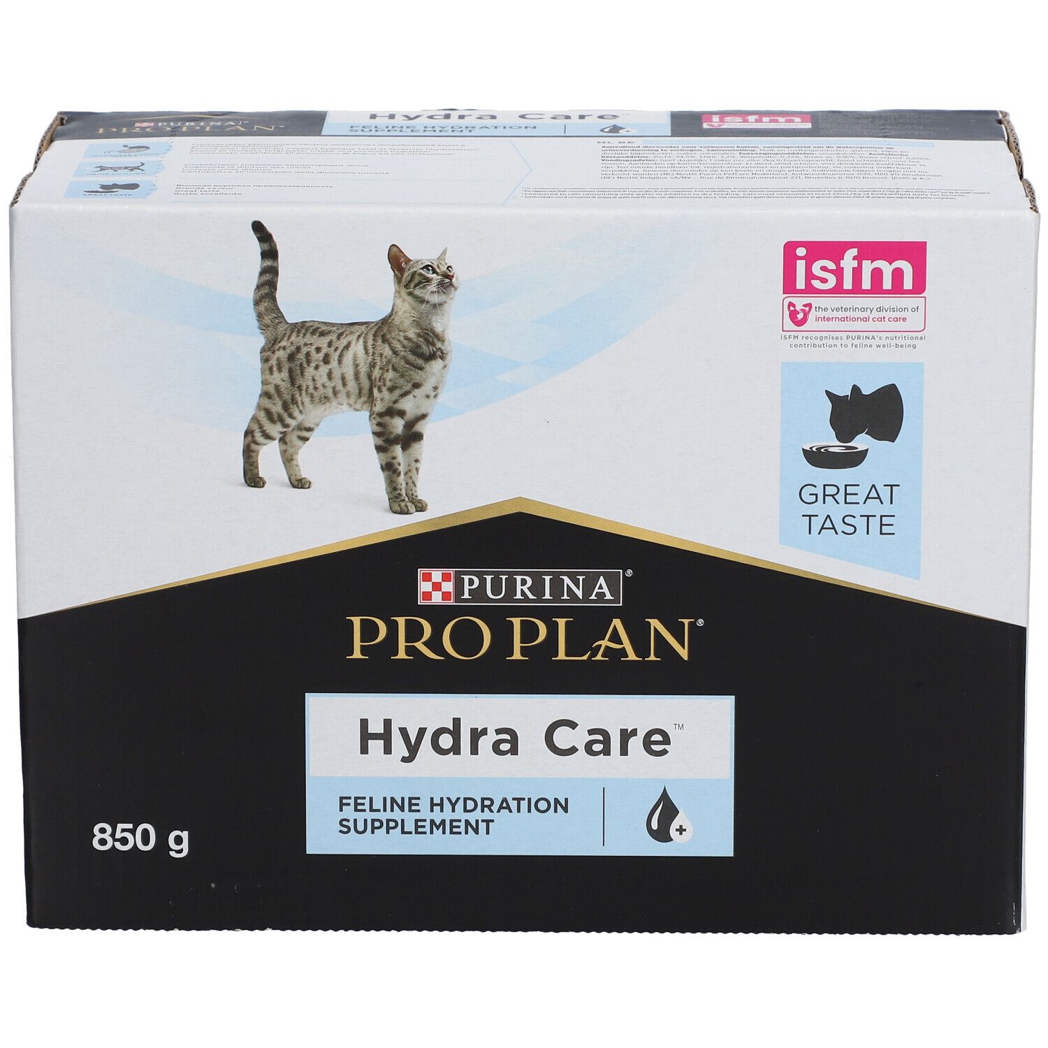 Karton PURINA® PRO PLAN® Hydra Care™ mit Katze, 850g. Feline Hydration Supplement. ISFM-Siegel.
