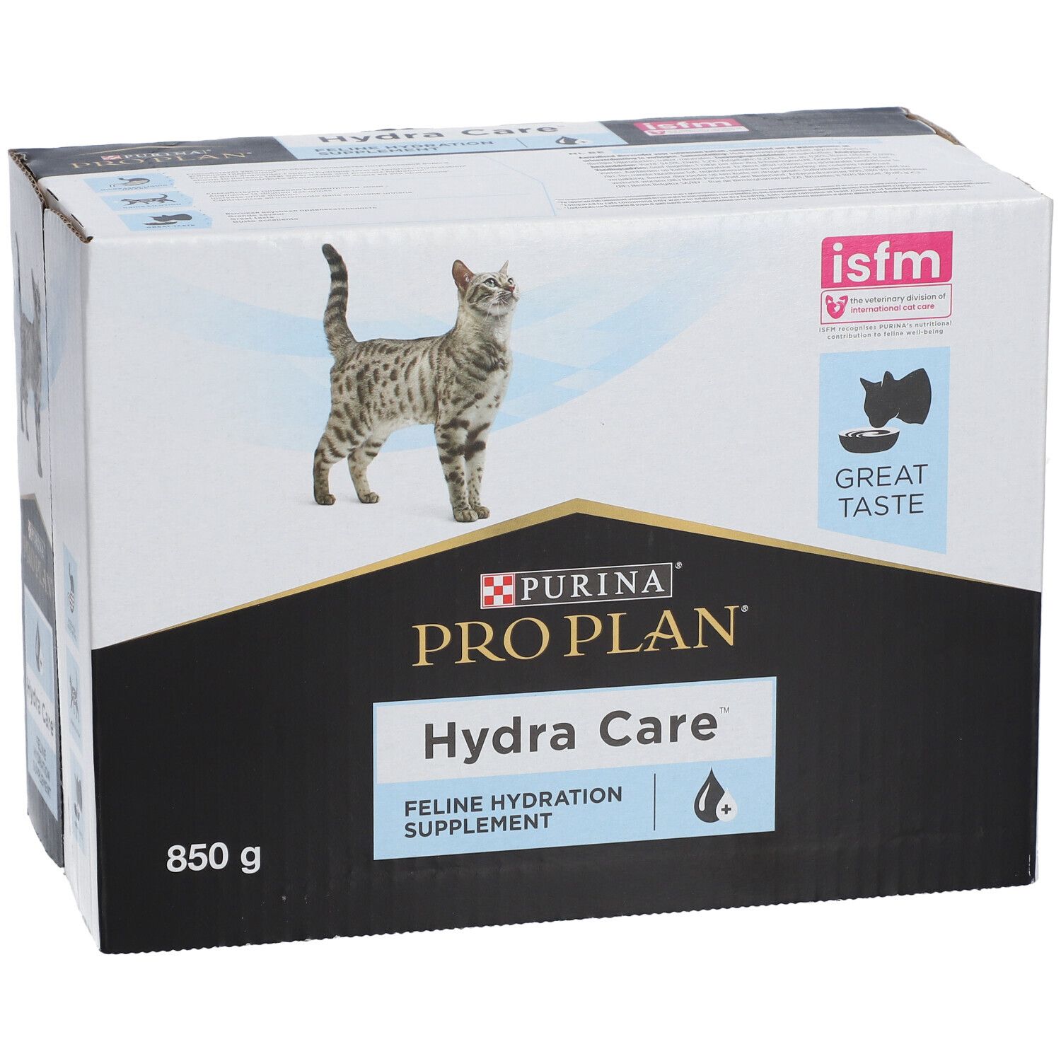 Karton PURINA® PRO PLAN® Hydra Care™ mit Katze, 850g. Feline Hydration Supplement. ISFM-Siegel.