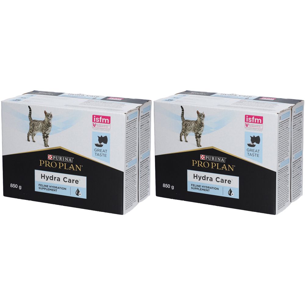 Zwei Kartons PURINA® PRO PLAN® Hydra Care™ mit Katze, 850g. Feline Hydration Supplement. ISFM-Siegel.