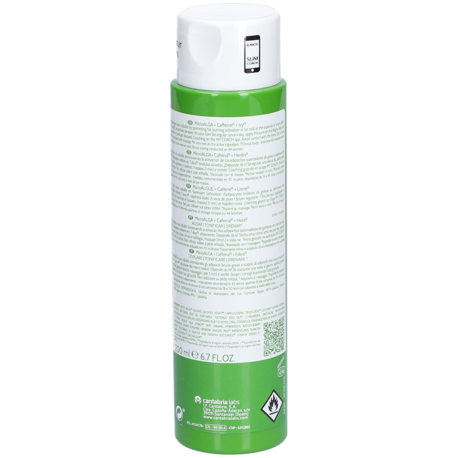 Grüne Flasche mit weißem Deckel. Text auf der Rückseite. QR-Code und Piktogramme. Volumen: 200ml.