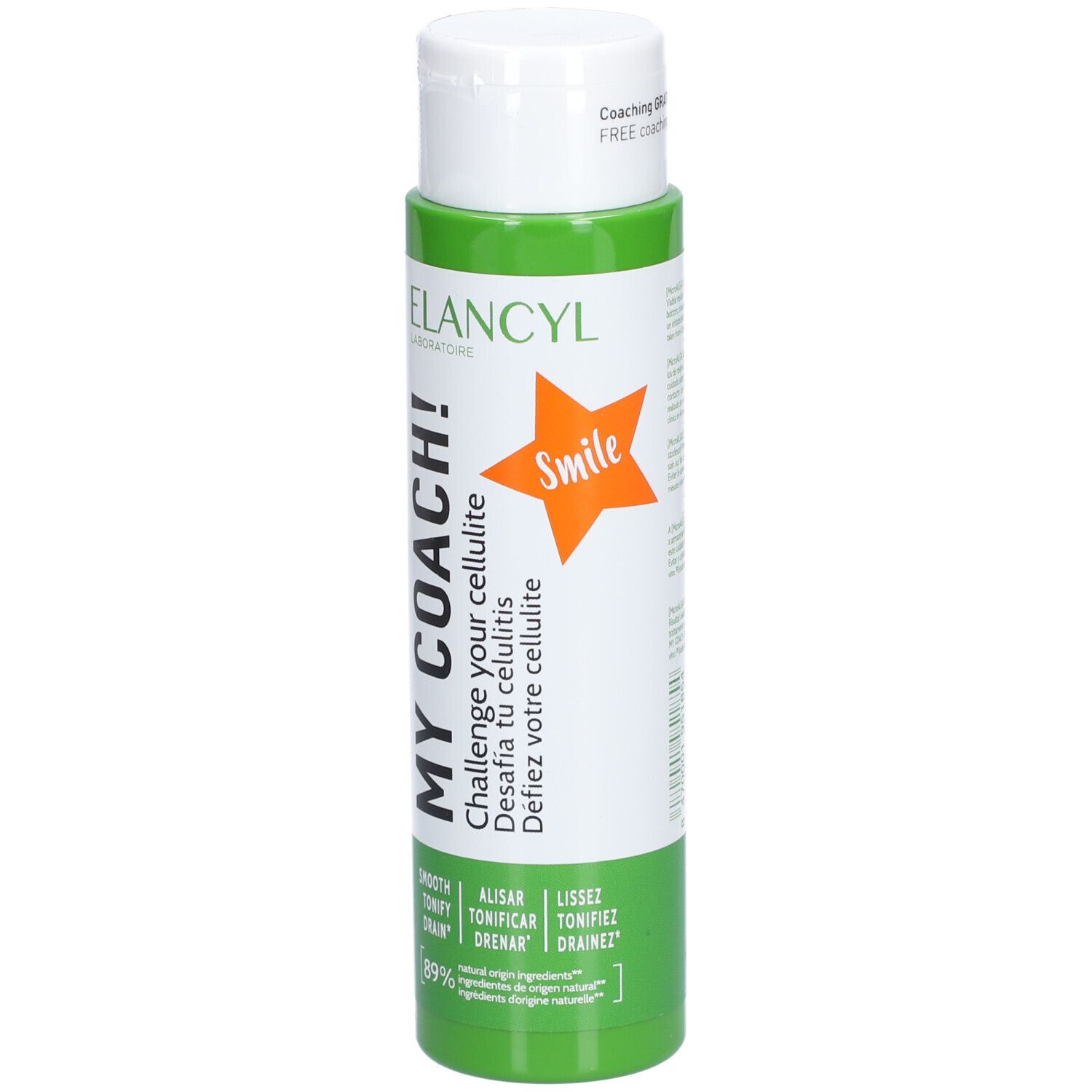 Grüne Flasche mit weißem Deckel. Aufschrift: MY COACH! und ELANCYL. Orangefarbener Stern mit Smile. Text in mehreren Sprachen.