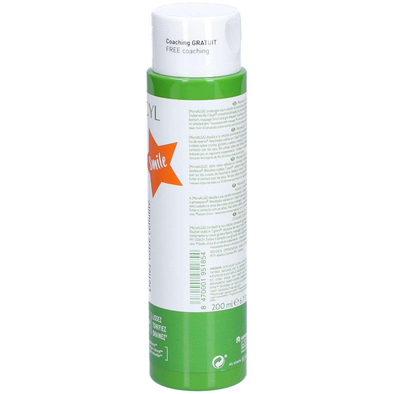 Grüne Flasche mit weißem Deckel. Aufschrift: Text und ELANCYL. Orangefarbener Stern mit Smile. Text in mehreren Sprachen. Volumen: 200ml.