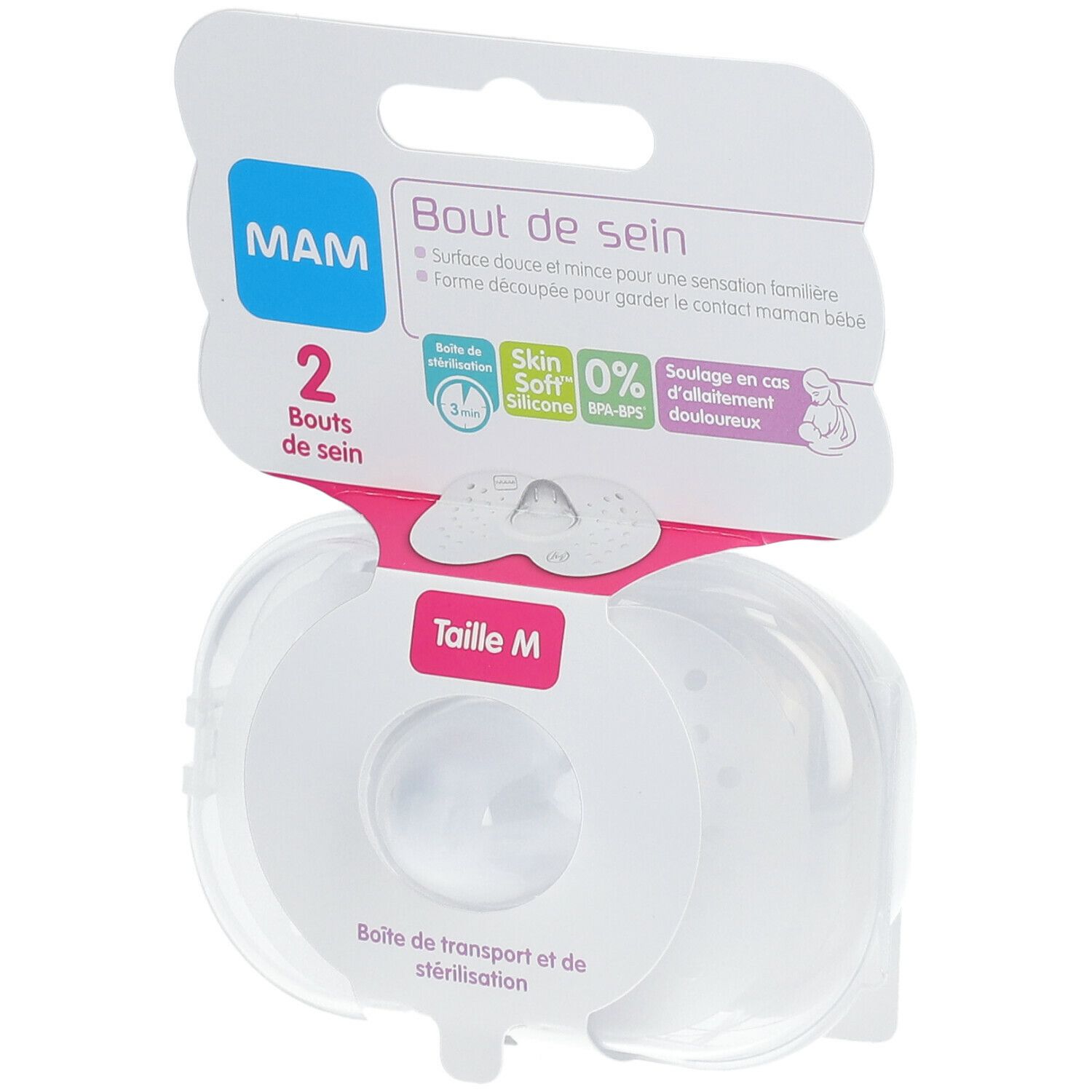 MAM Stillhütchen Größe M, zwei Stück in transparenter Verpackung. Verpackung mit Produktinformationen und Logo.