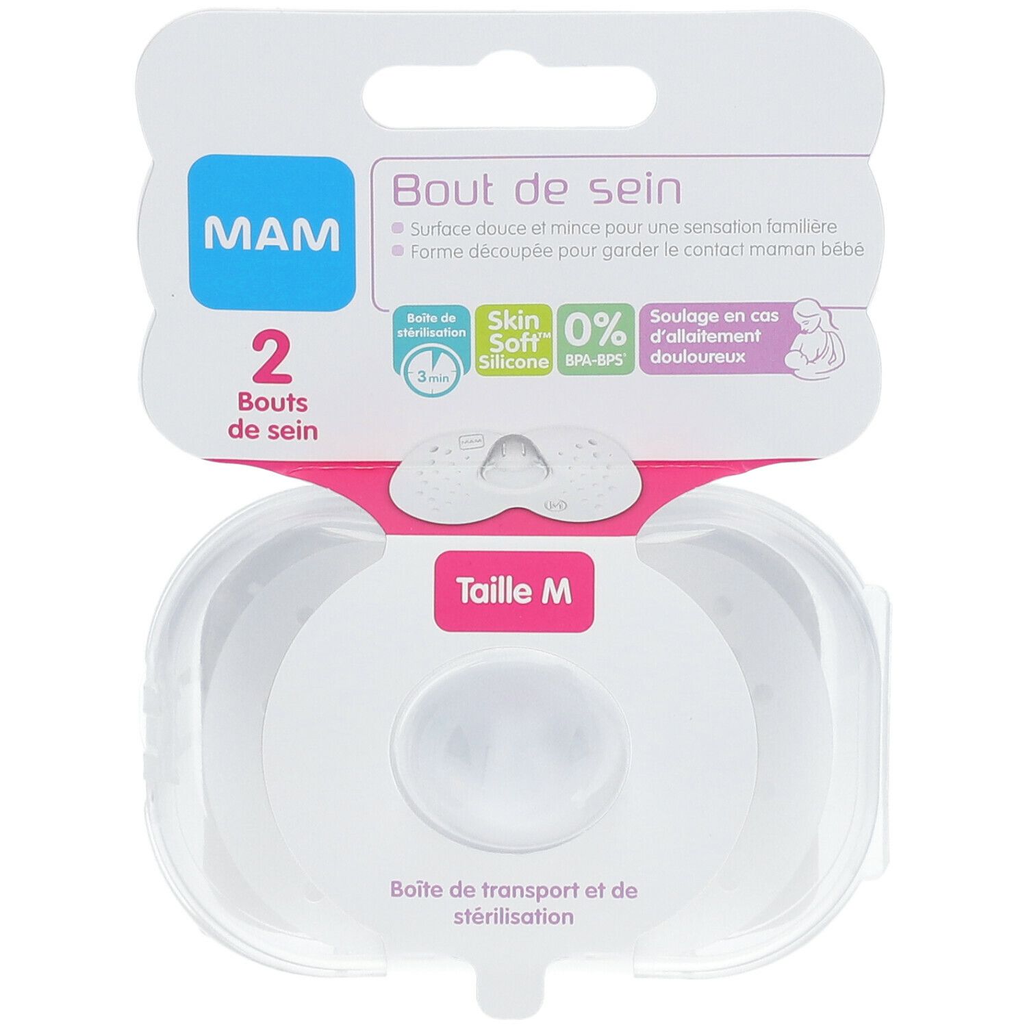 MAM Stillhütchen Größe M, zwei Stück in Verpackung. Verpackung mit Produktinformationen und Logo.