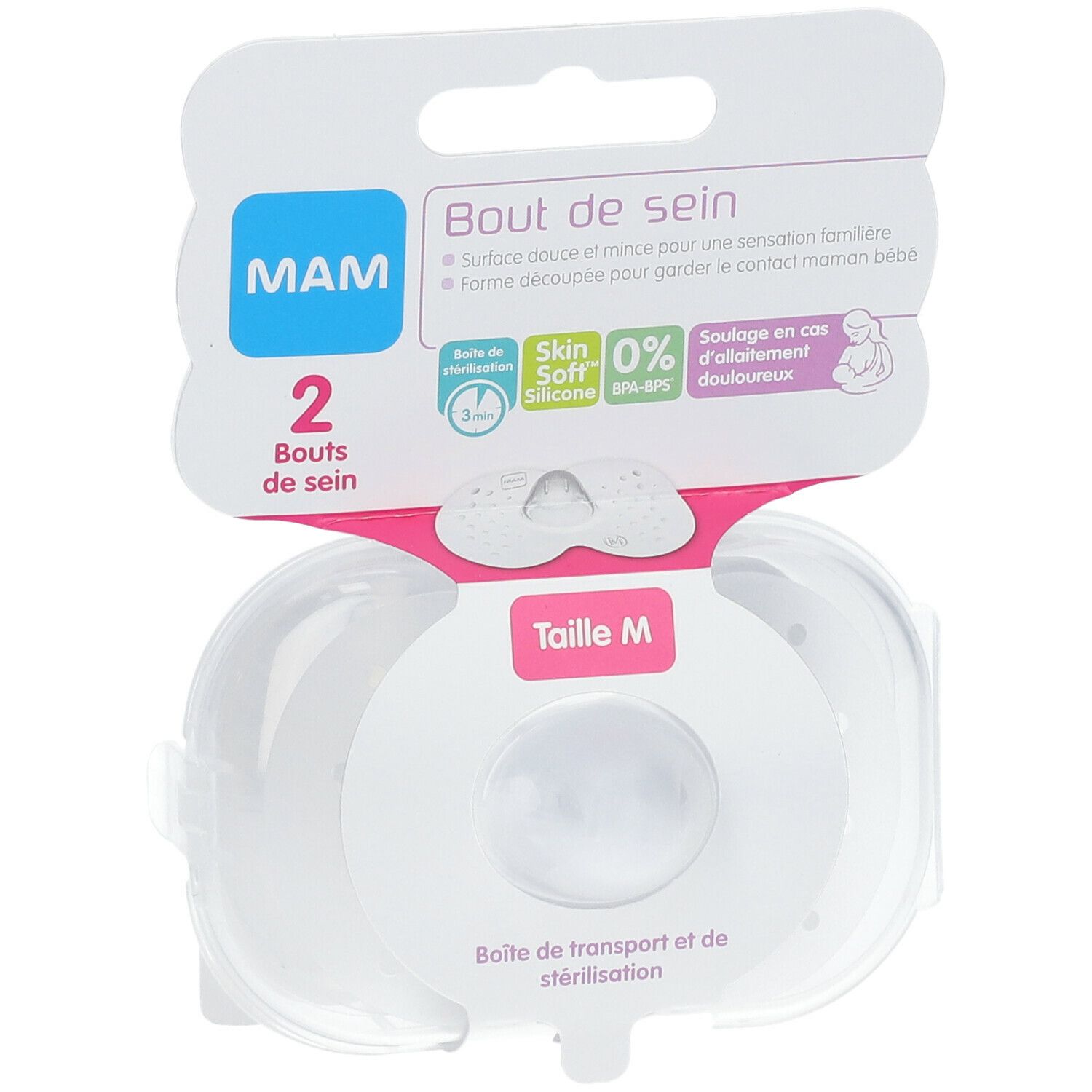 MAM Stillhütchen Größe M, zwei Stück in Verpackung. Verpackung mit Produktinformationen und Logo.