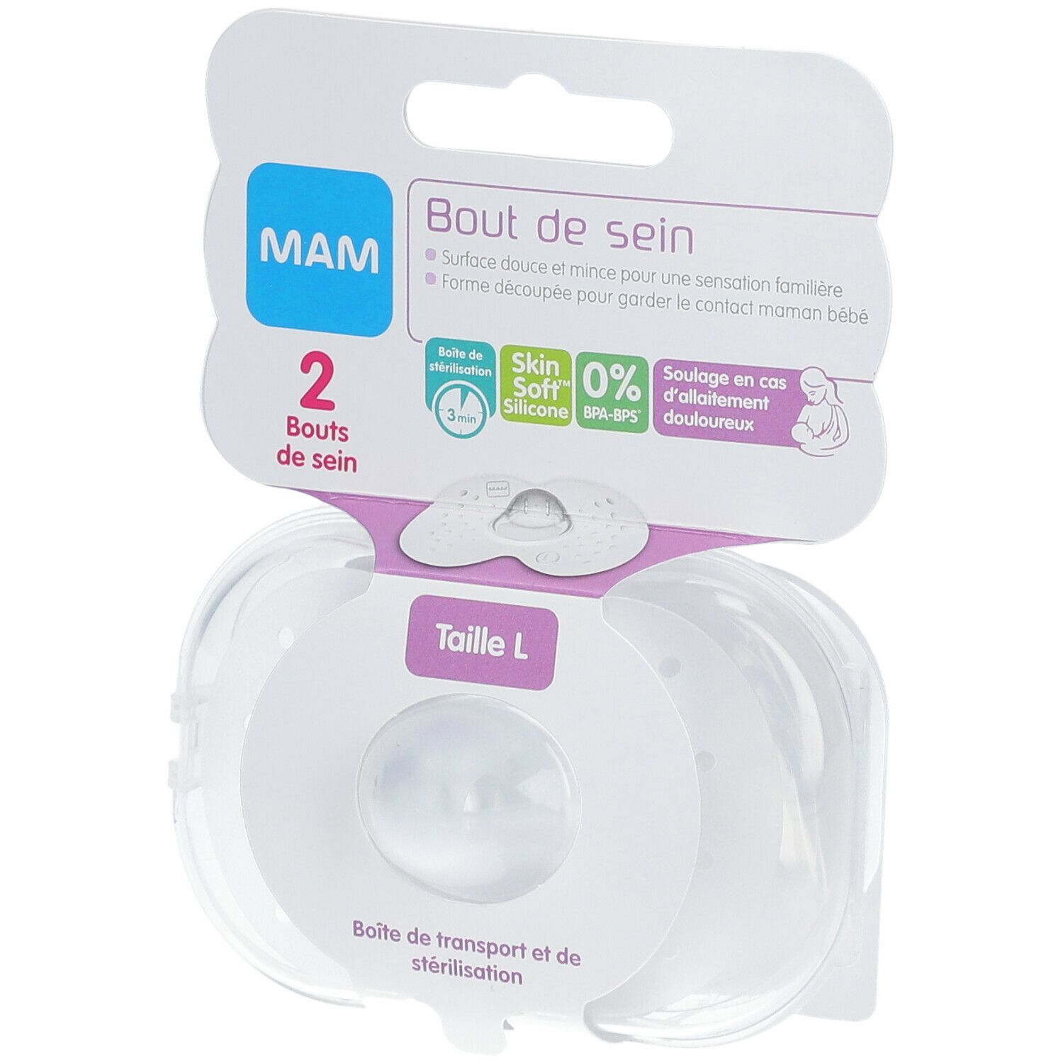 Verpackung mit zwei MAM Stillhütchen Größe L. Klare, runde Form. Verpackung mit Produktinformationen.