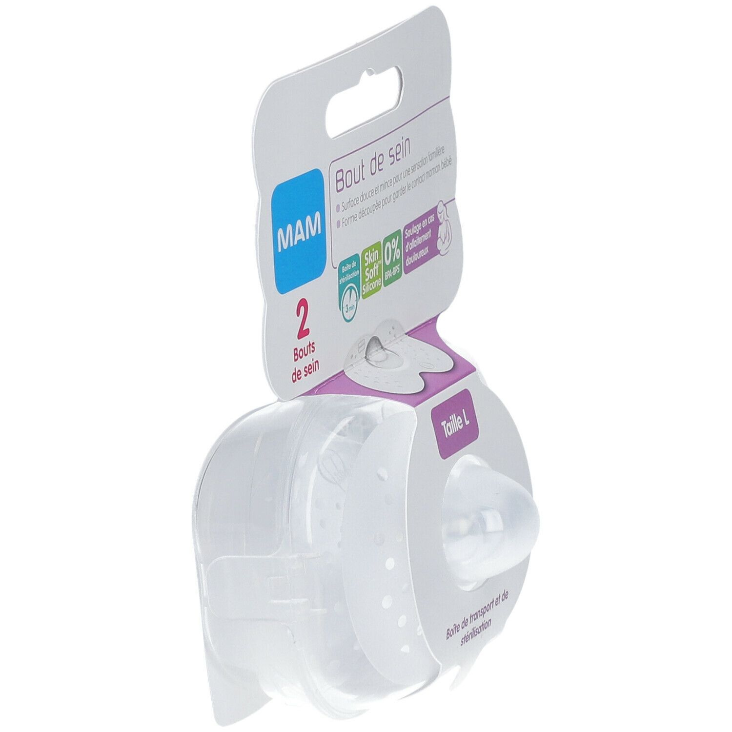 Verpackung mit zwei MAM Stillhütchen Größe L. Seitliche Ansicht. Klare, runde Form. Produktinformationen.