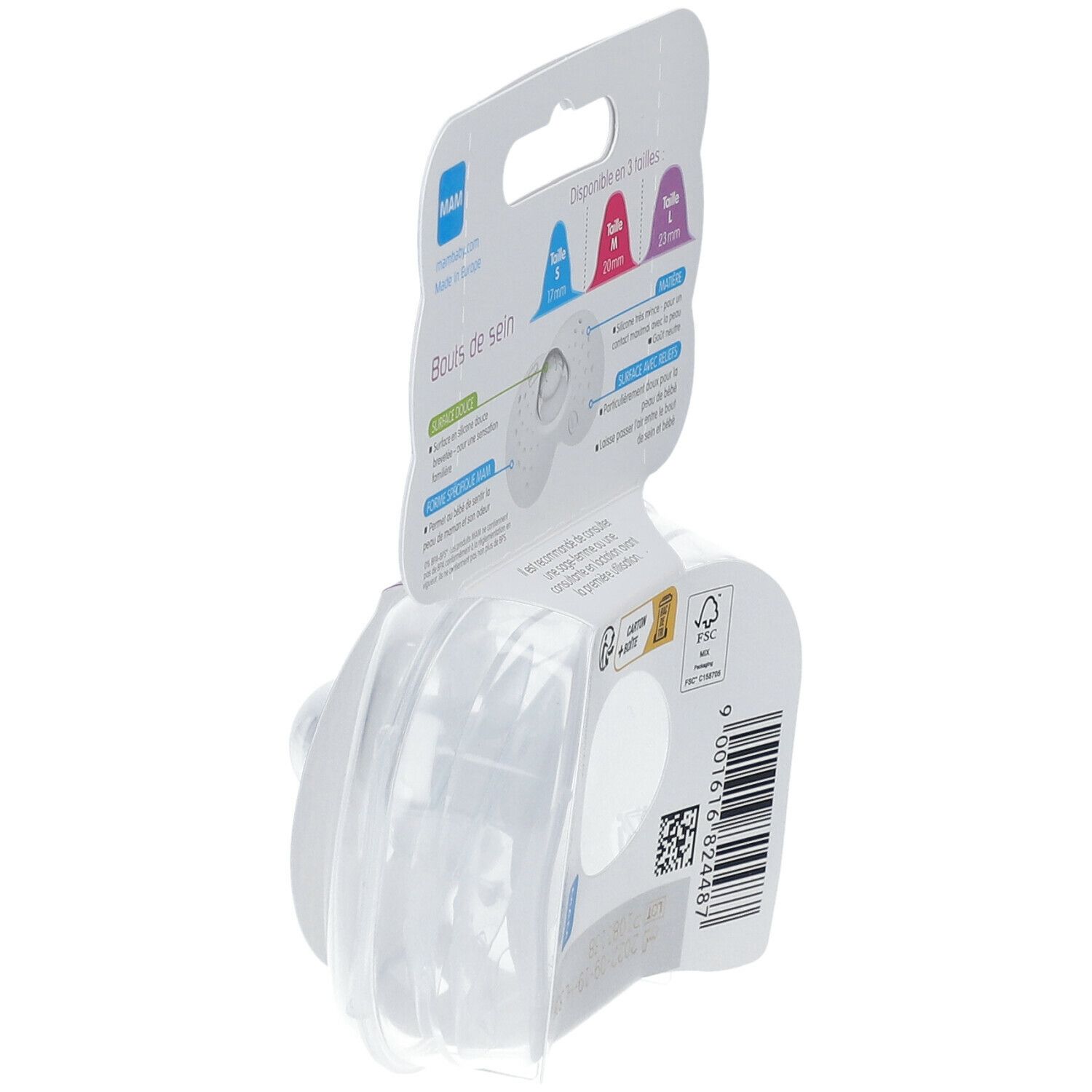 Verpackung mit zwei MAM Stillhütchen. Seitliche Ansicht. Größenangaben und Produktinformationen.