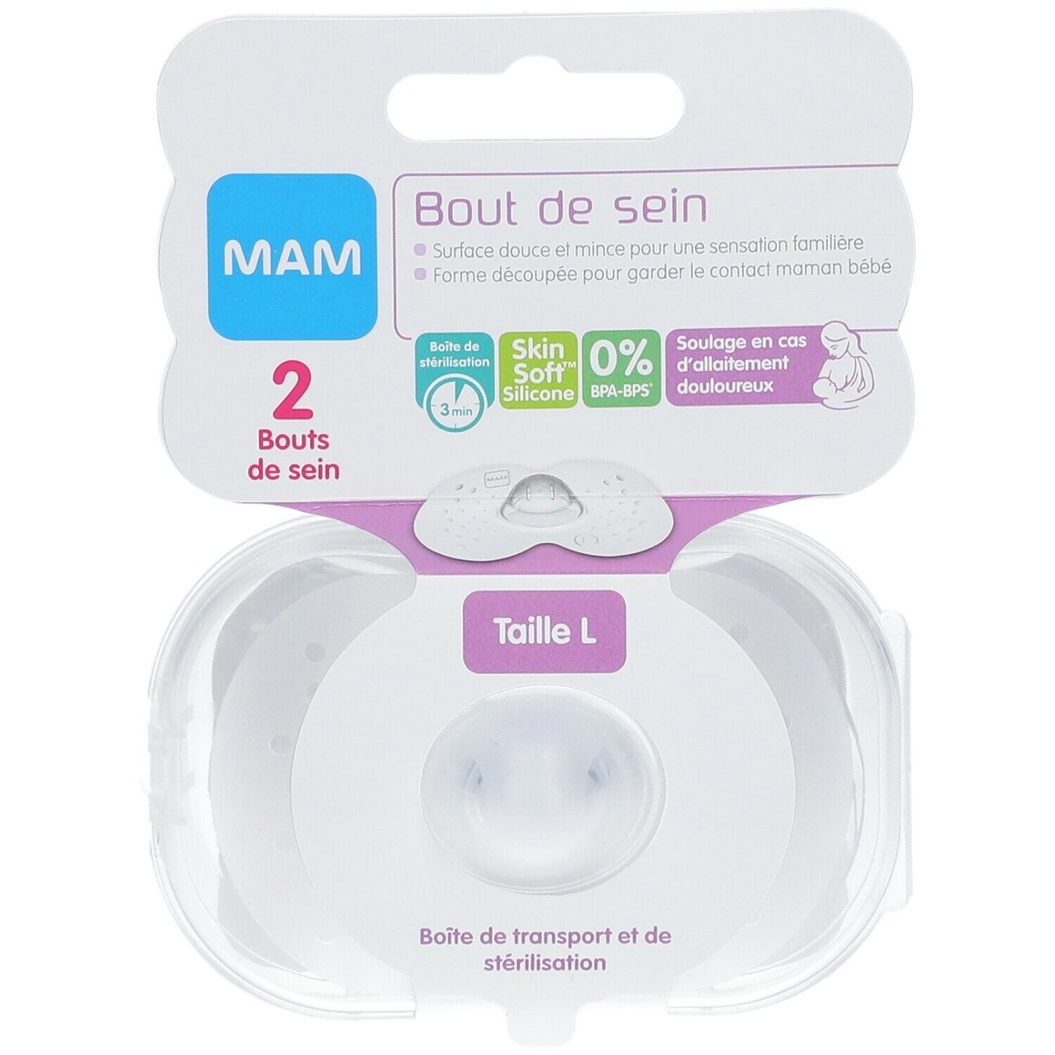 Verpackung mit zwei MAM Stillhütchen Größe L. Klare, runde Form. Produktinformationen auf der Verpackung.