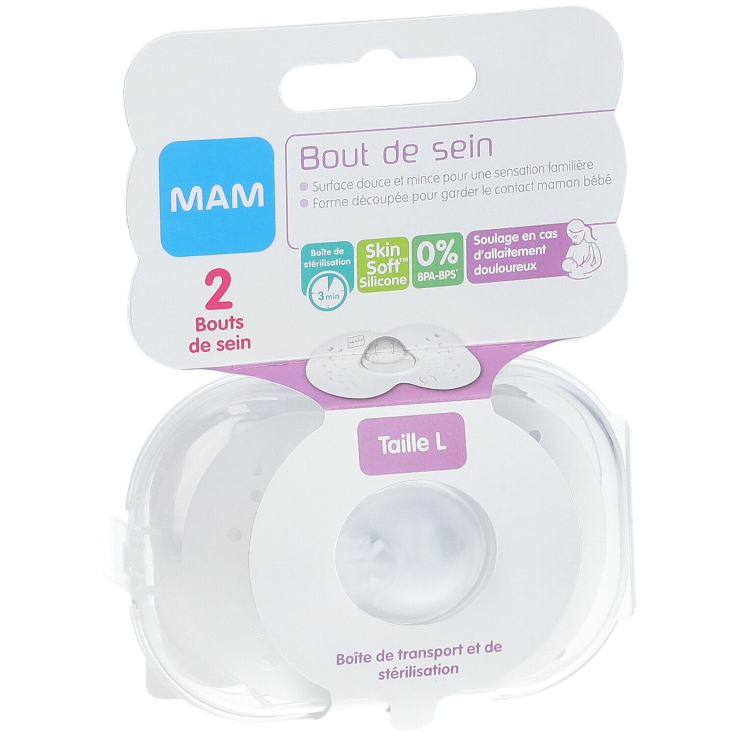 Verpackung mit zwei MAM Stillhütchen Größe L. Klare, runde Form. Produktinformationen auf der Verpackung.