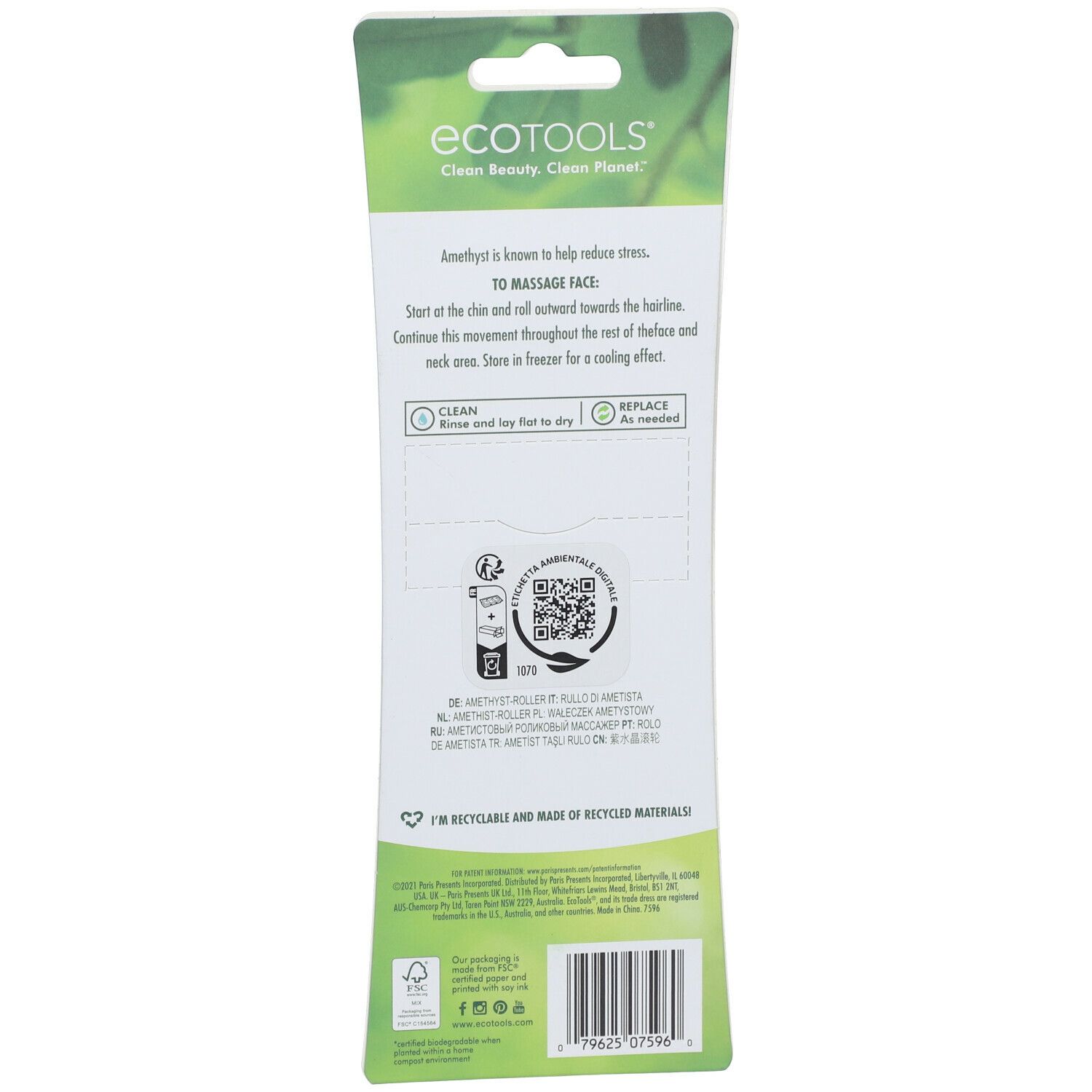 Rückseite der EcoTools Amethyst-Roller-Verpackung. Text mit Anweisungen und QR-Code. Recycelbares Material.