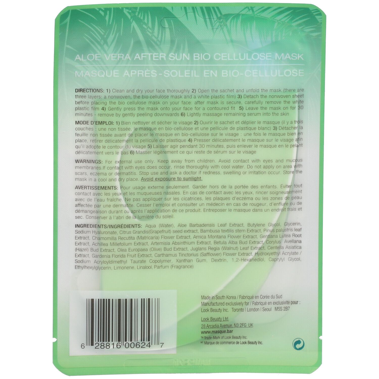 Groene verpakking met tekst: Aloe Vera After Sun Bio-Cellulose Mask. Instructies en ingrediënten staan ook opgedrukt.
